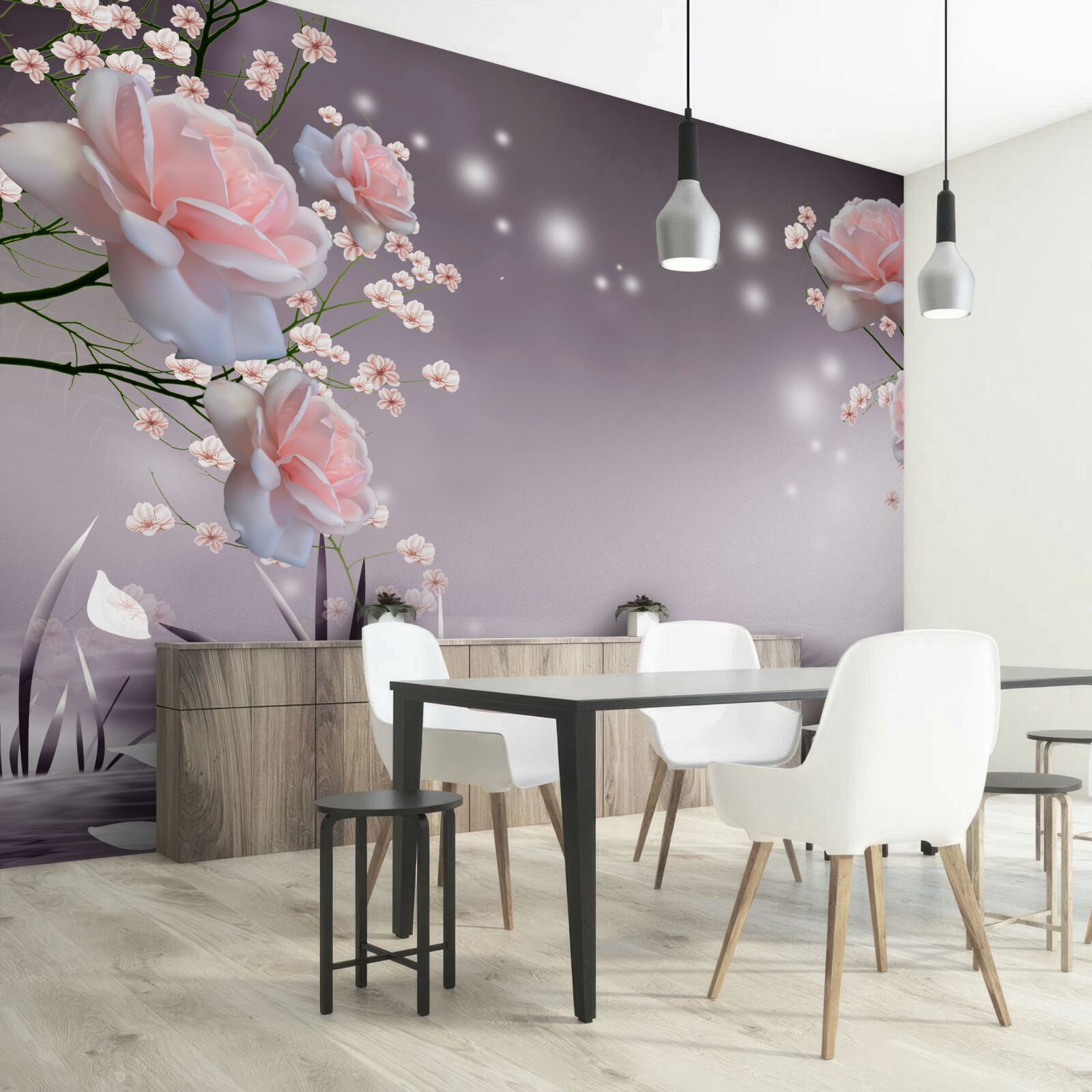 Papier peint bouquets et espace étoilé
