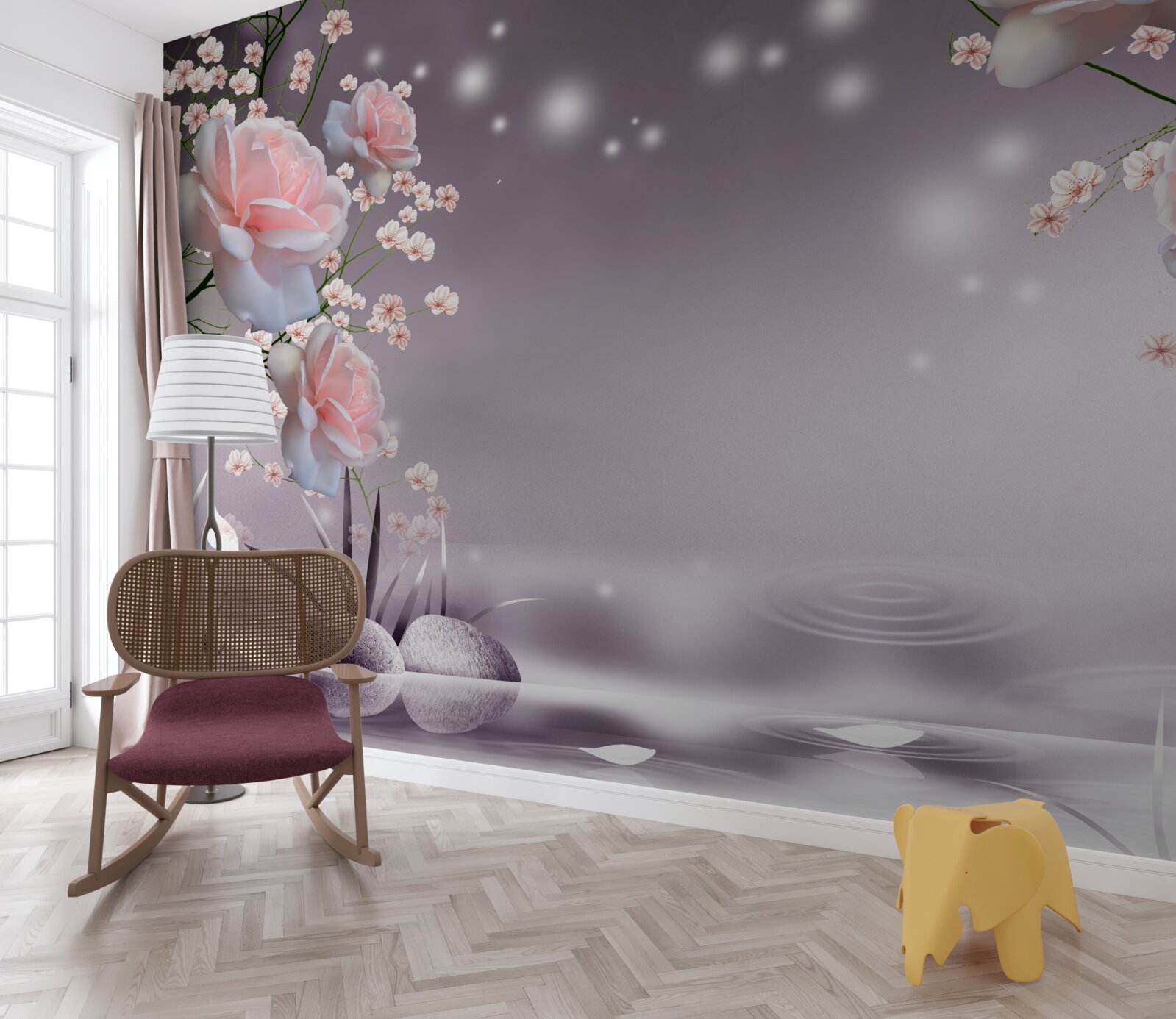 Papier peint bouquets et espace étoilé