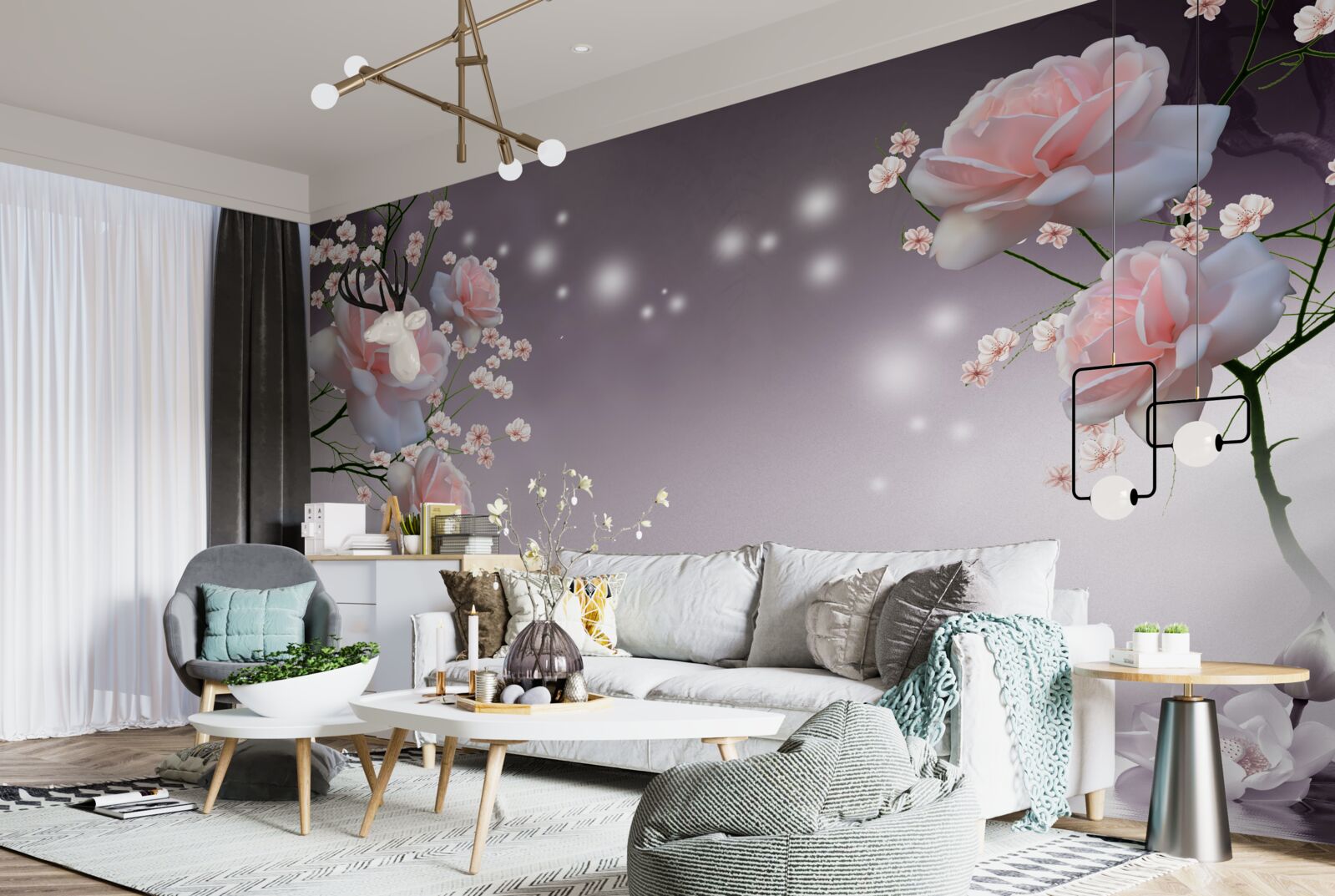 Papier peint bouquets et espace étoilé