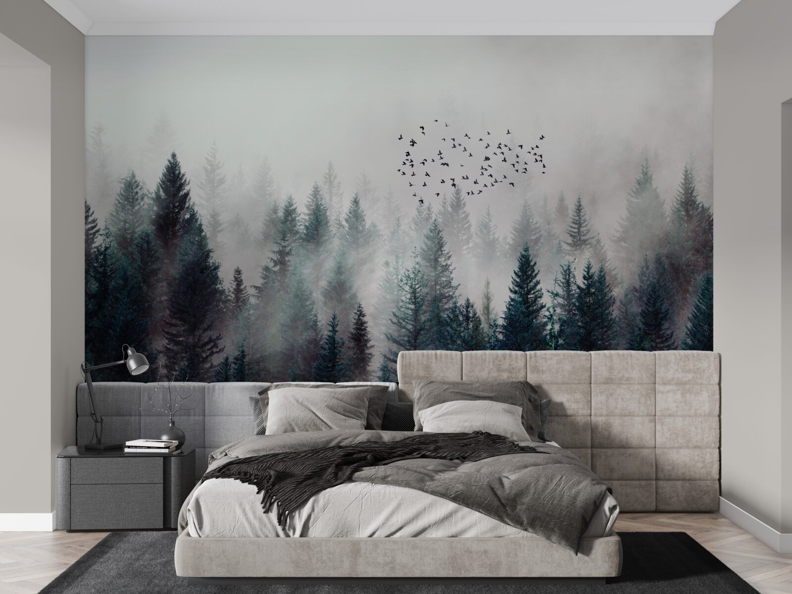 Papier peint oiseaux et arbres de Noël