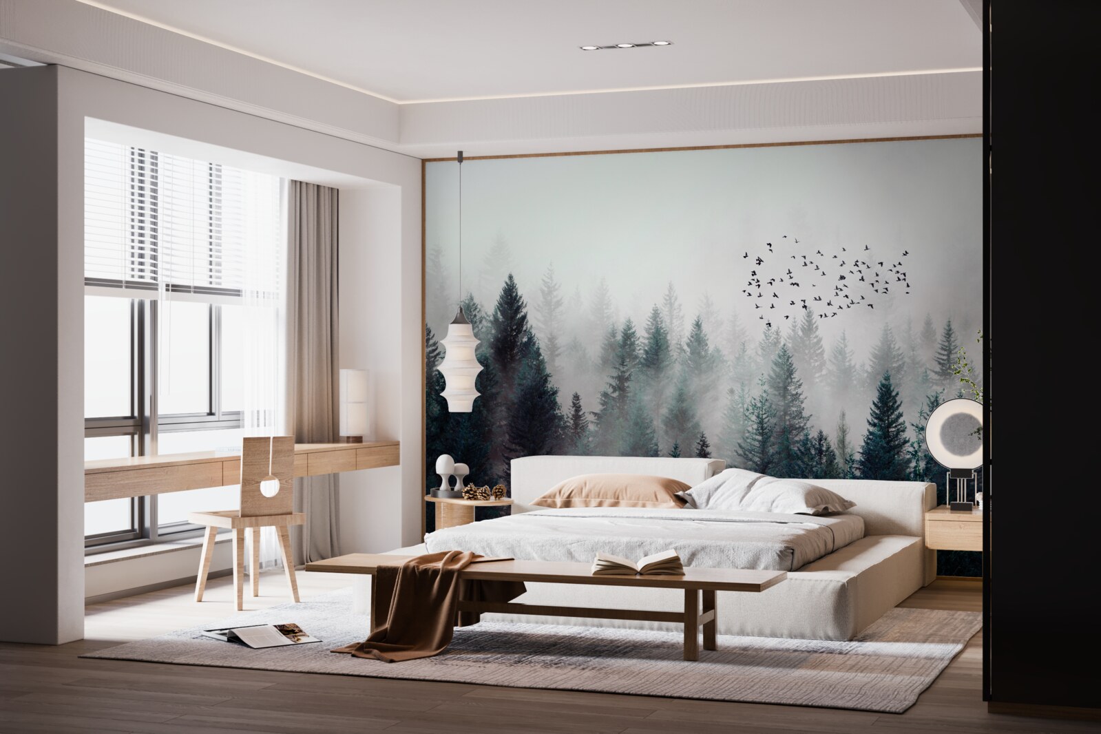 Papier peint oiseaux et arbres de Noël