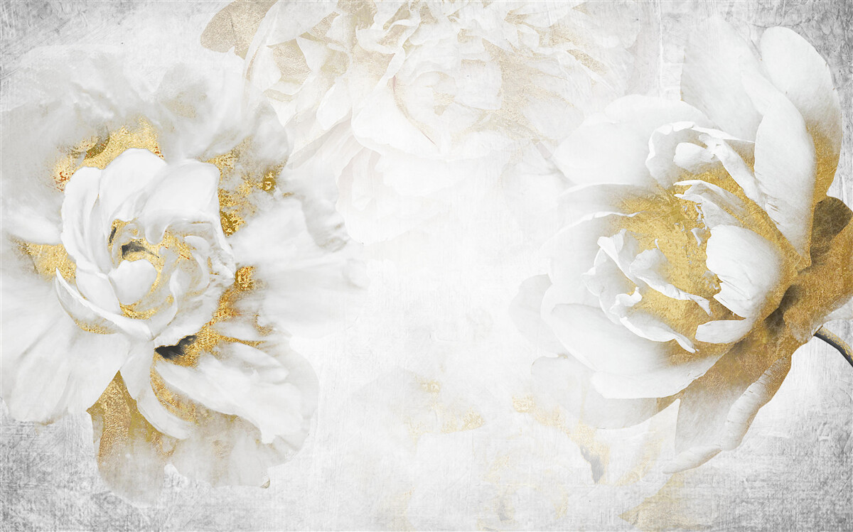 Papier peint fleurs blanches avec accents dorés
