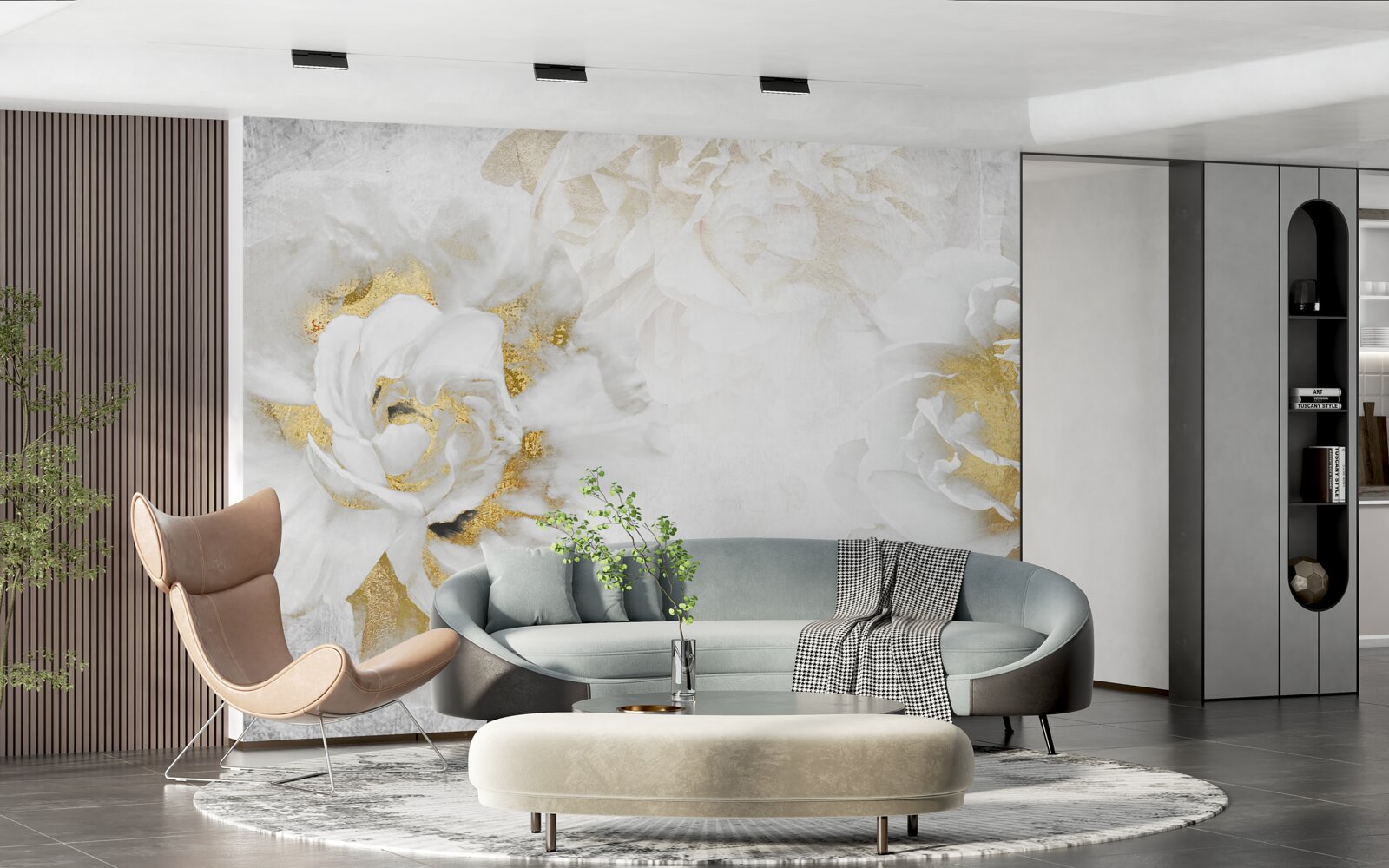 Papier peint fleurs blanches avec accents dorés