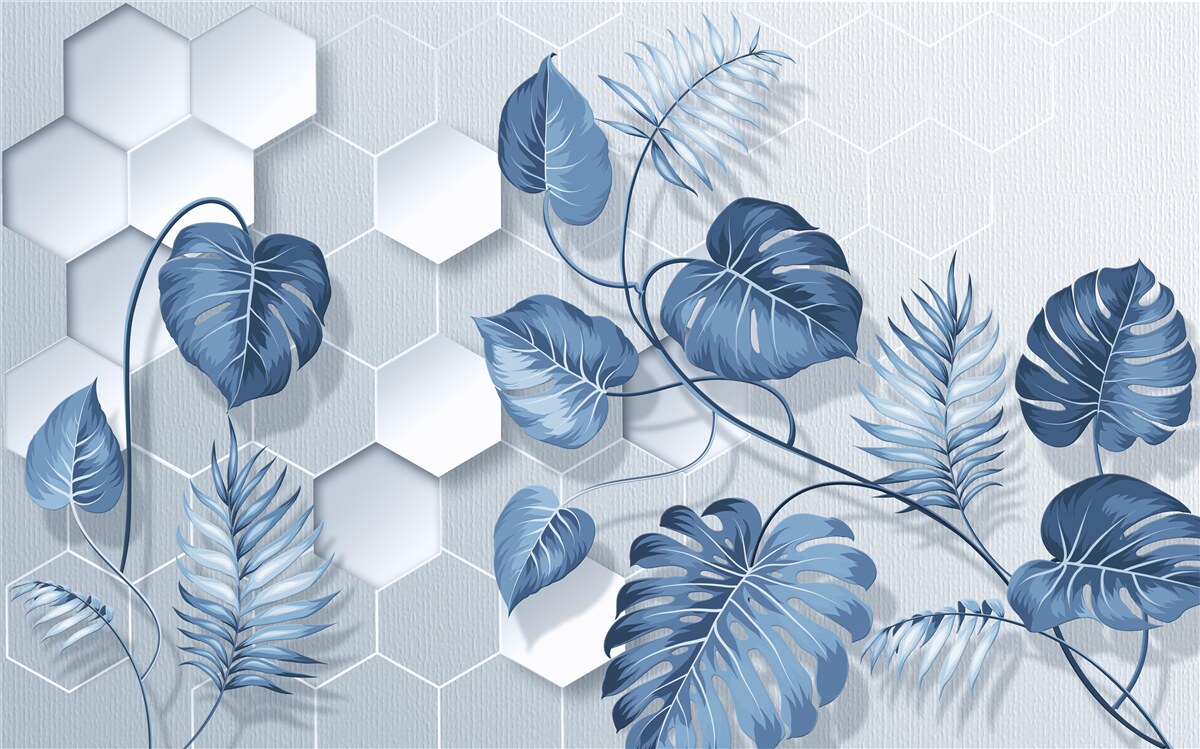 Papier peint feuilles bleues
