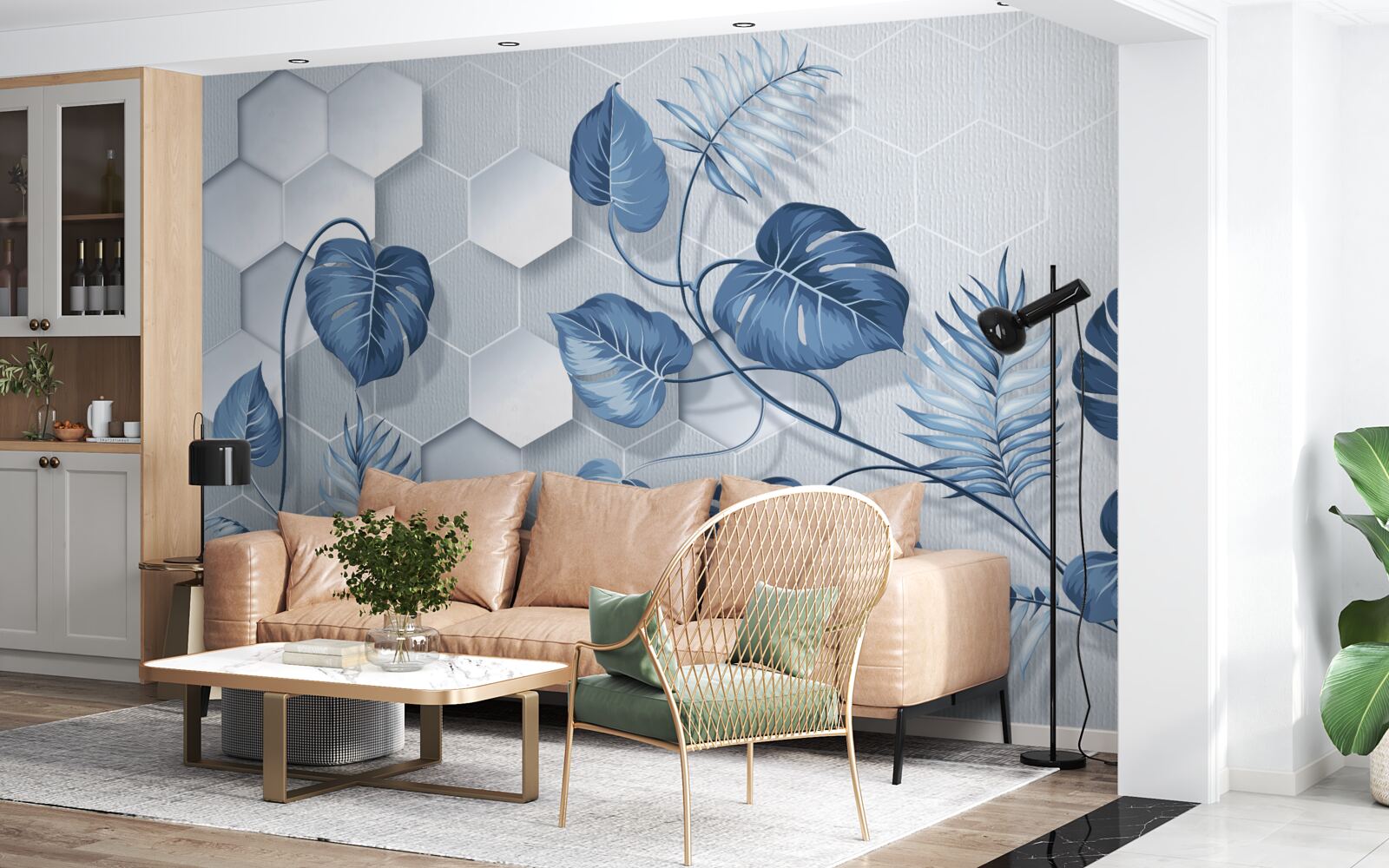 Papier peint feuilles bleues