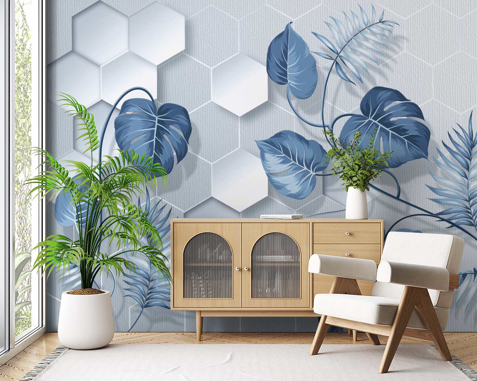 Papier peint feuilles bleues