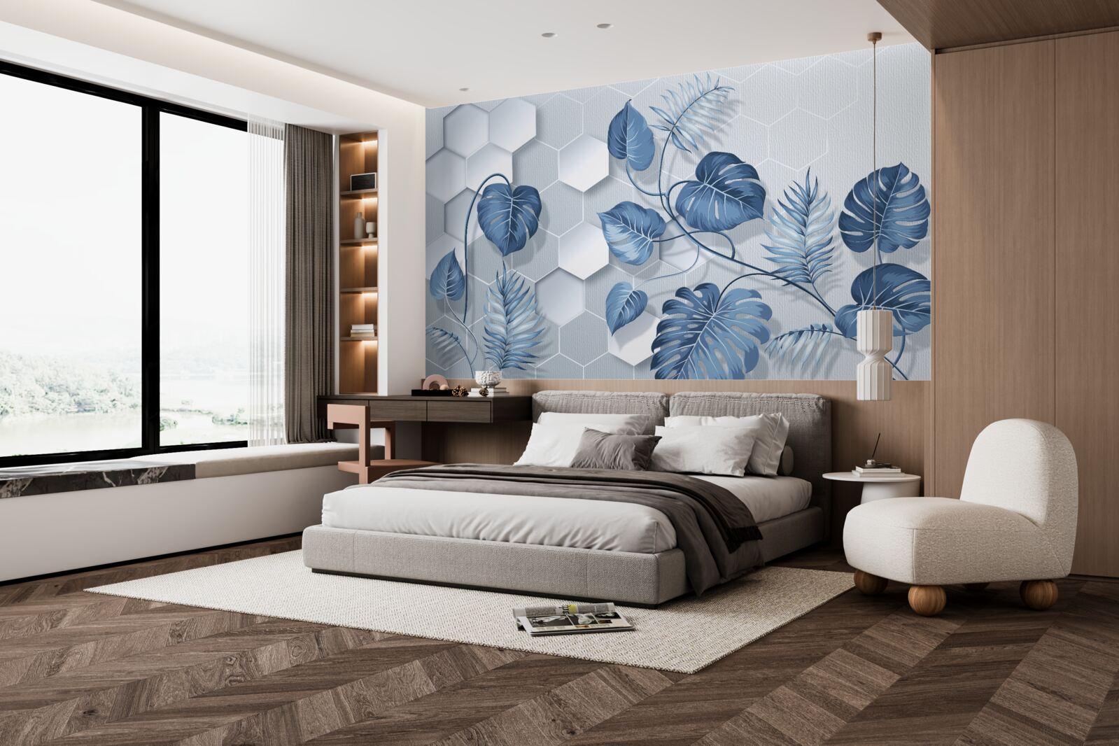 Papier peint feuilles bleues