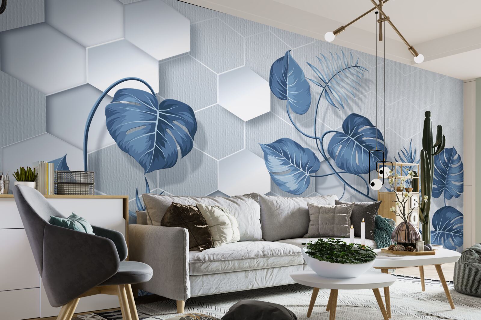 Papier peint feuilles bleues