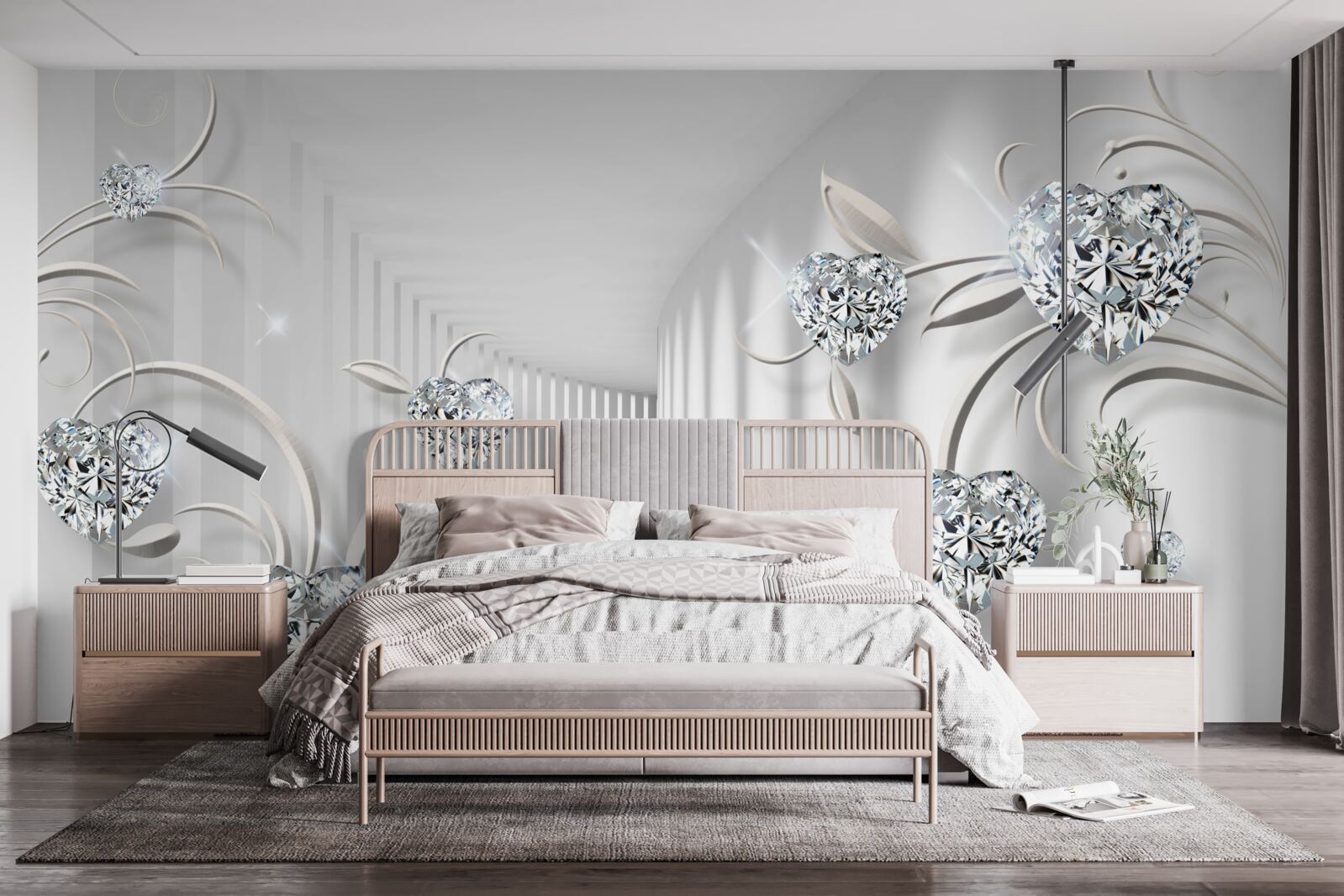 Papier peint chambre en nuances de blanc avec diamants