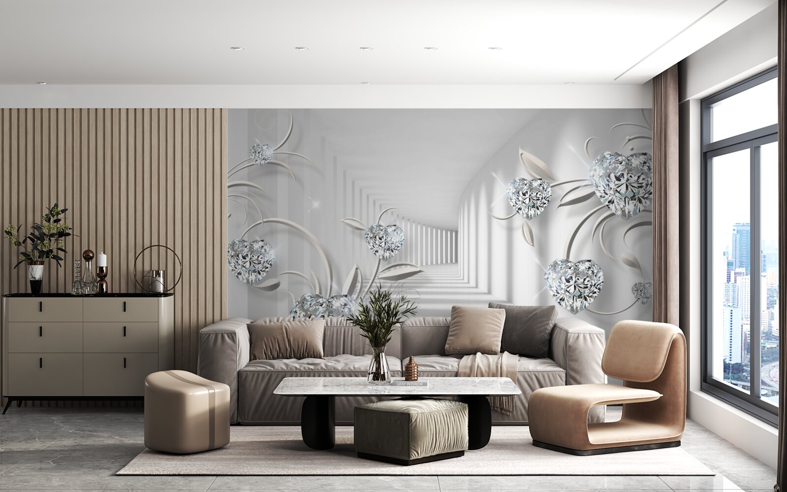 Papier peint chambre en nuances de blanc avec diamants
