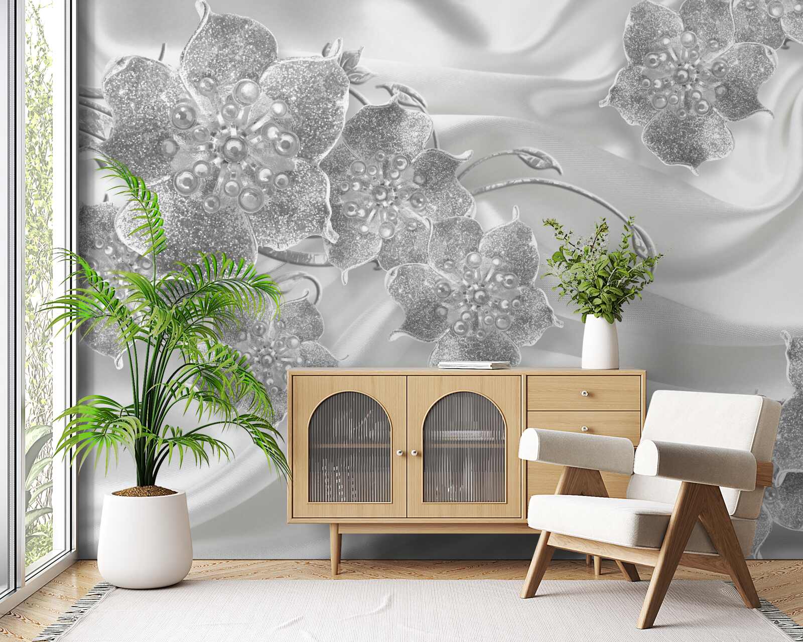 Papier peint motifs floraux scintillants sur tissu de soie