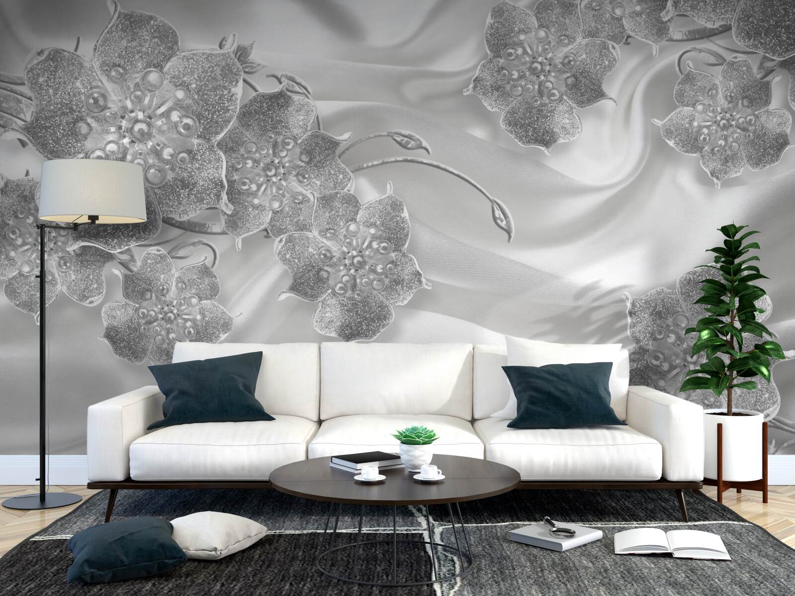 Papier peint motifs floraux scintillants sur tissu de soie