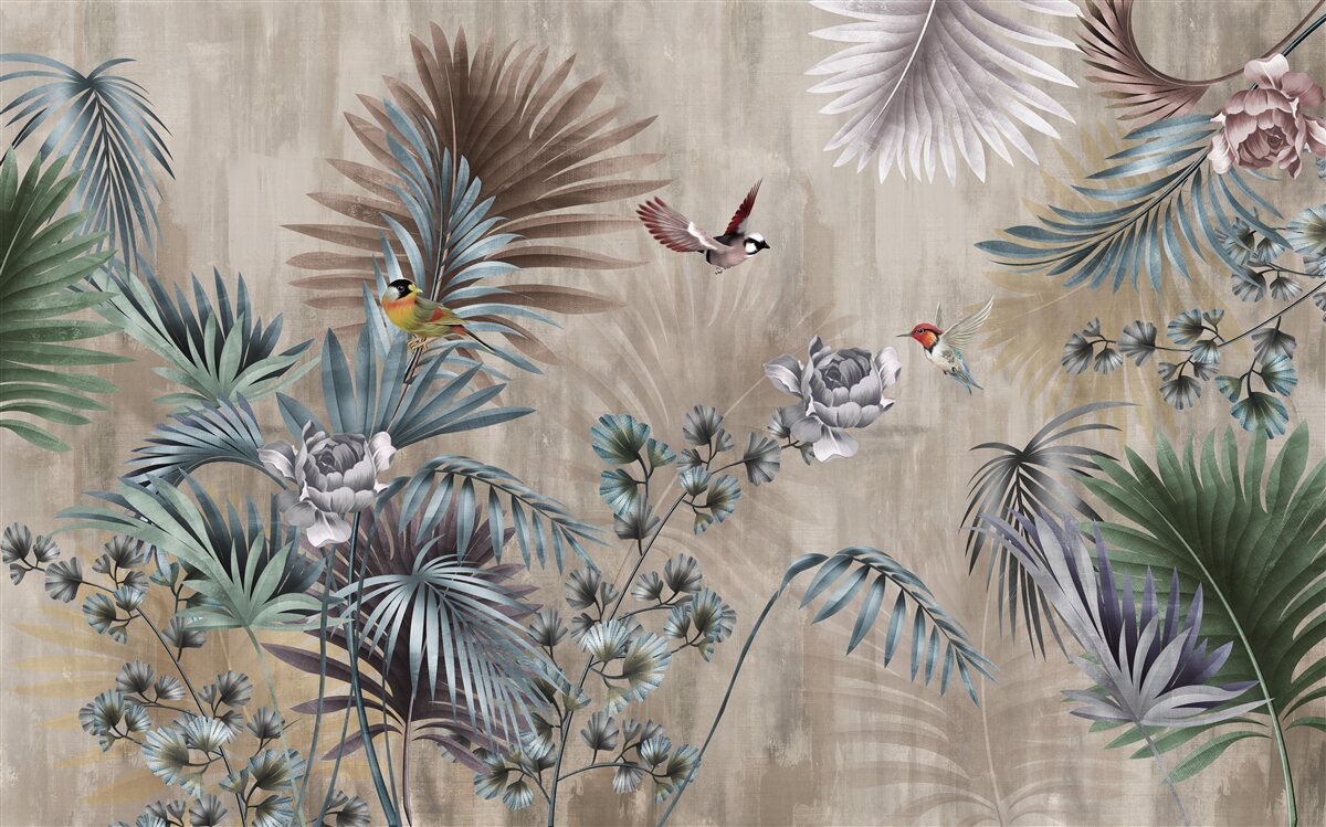 Papier peint feuilles et oiseaux tropicaux