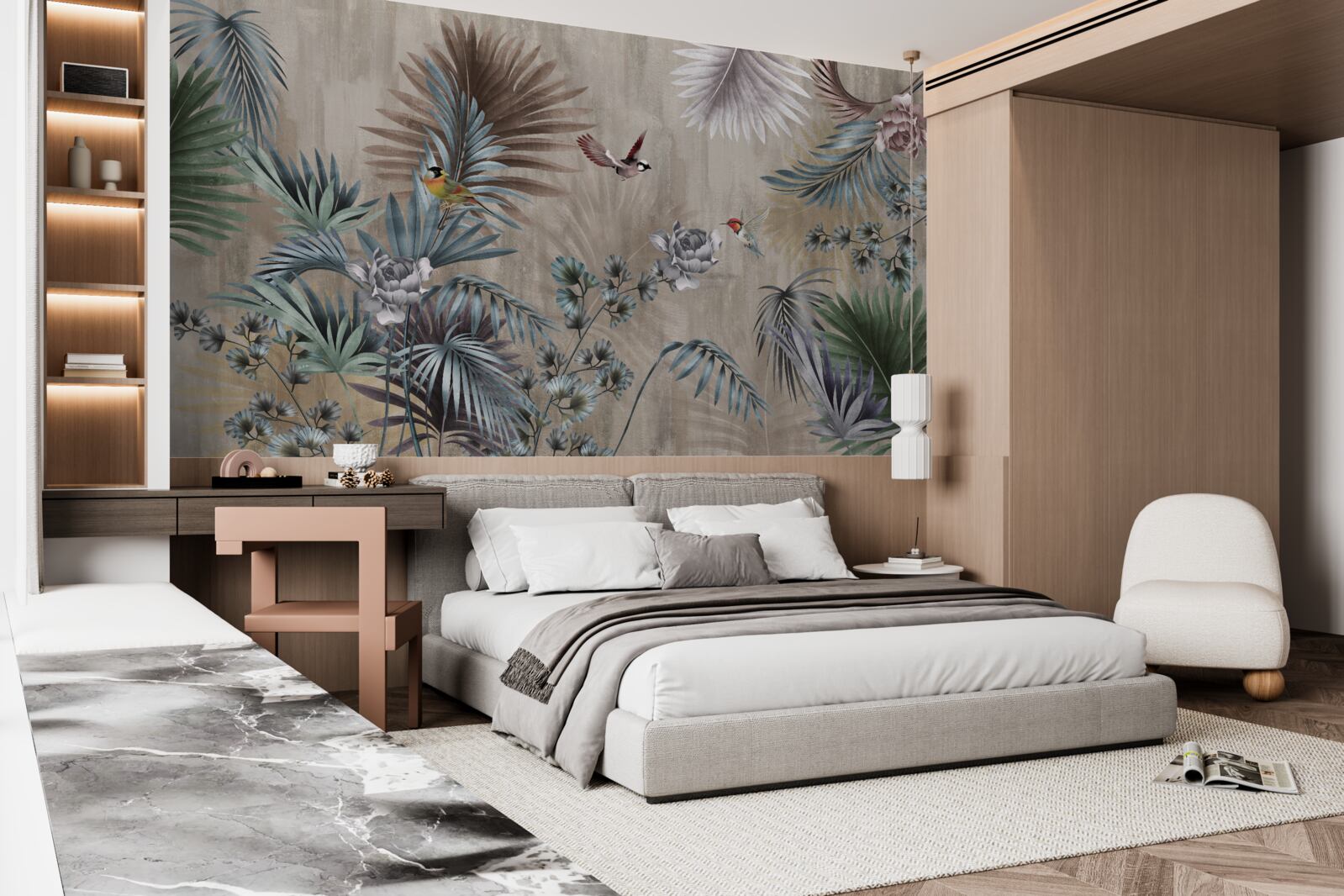 Papier peint feuilles et oiseaux tropicaux