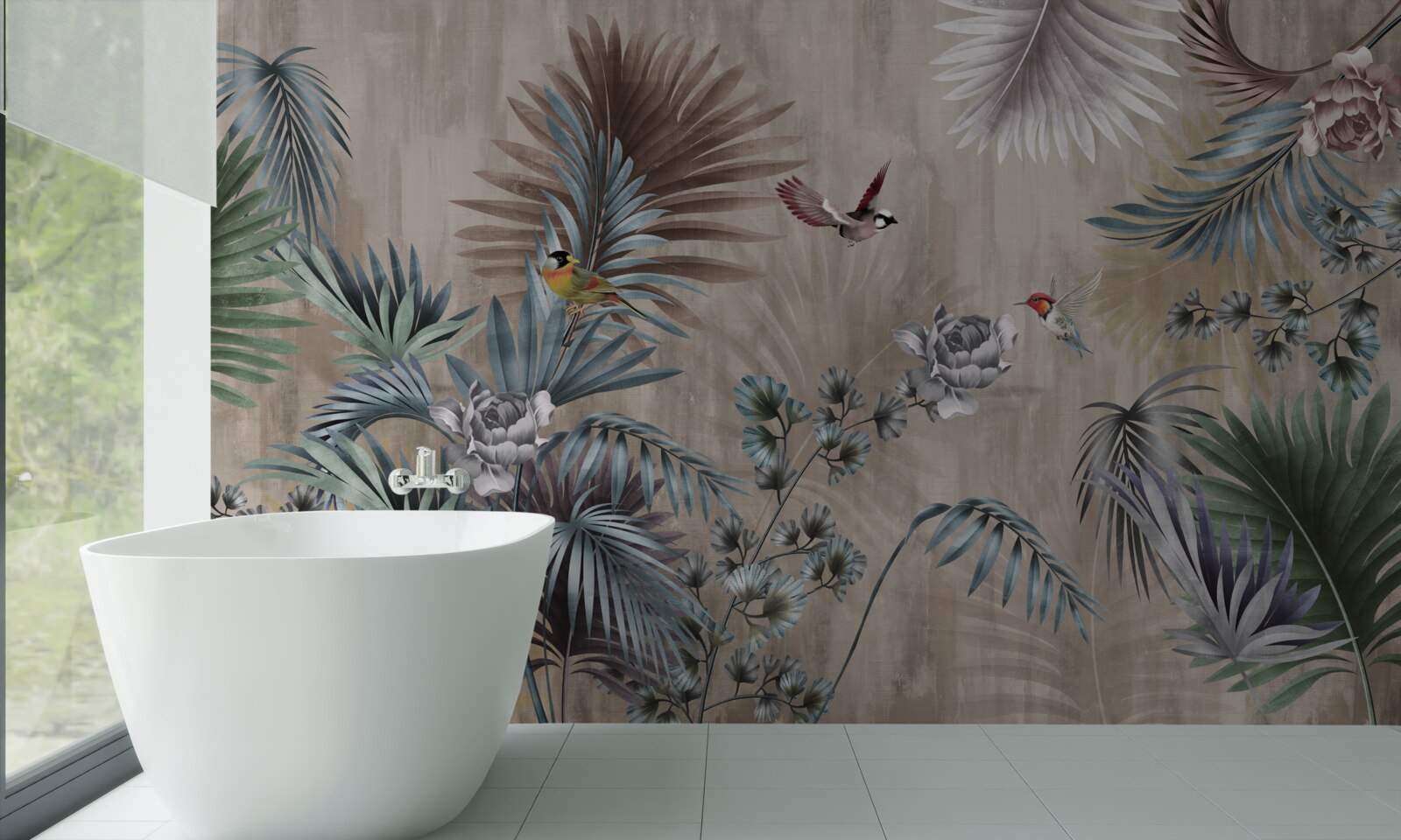 Papier peint feuilles et oiseaux tropicaux