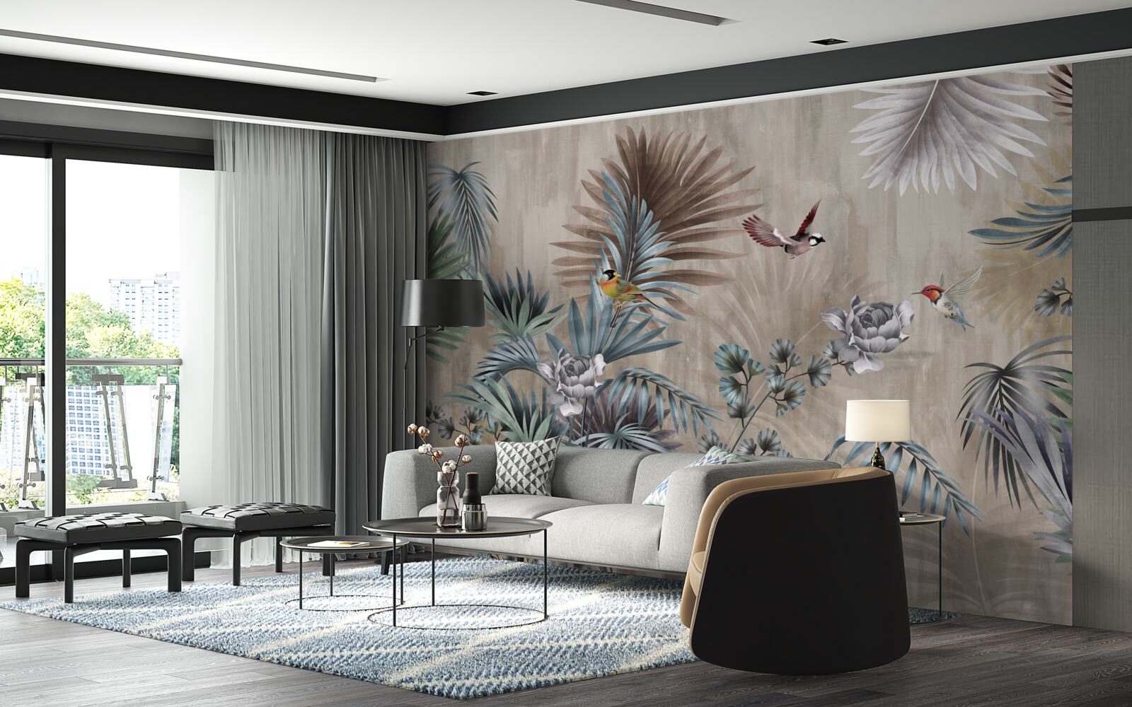 Papier peint feuilles et oiseaux tropicaux