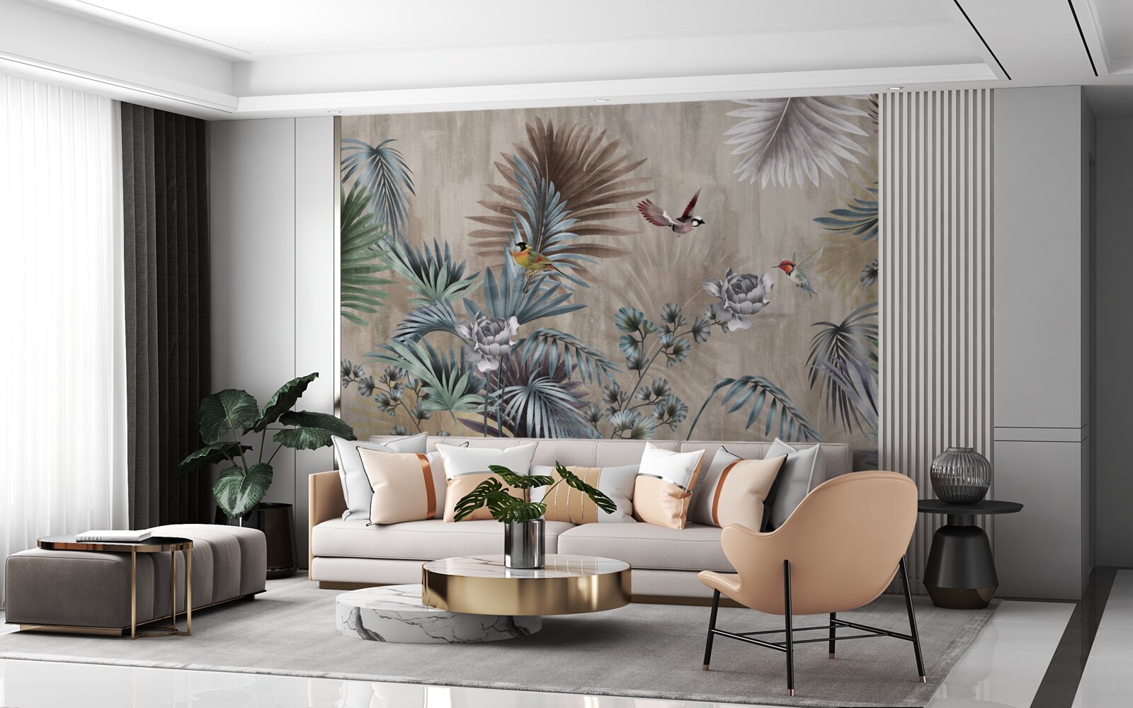 Papier peint feuilles et oiseaux tropicaux