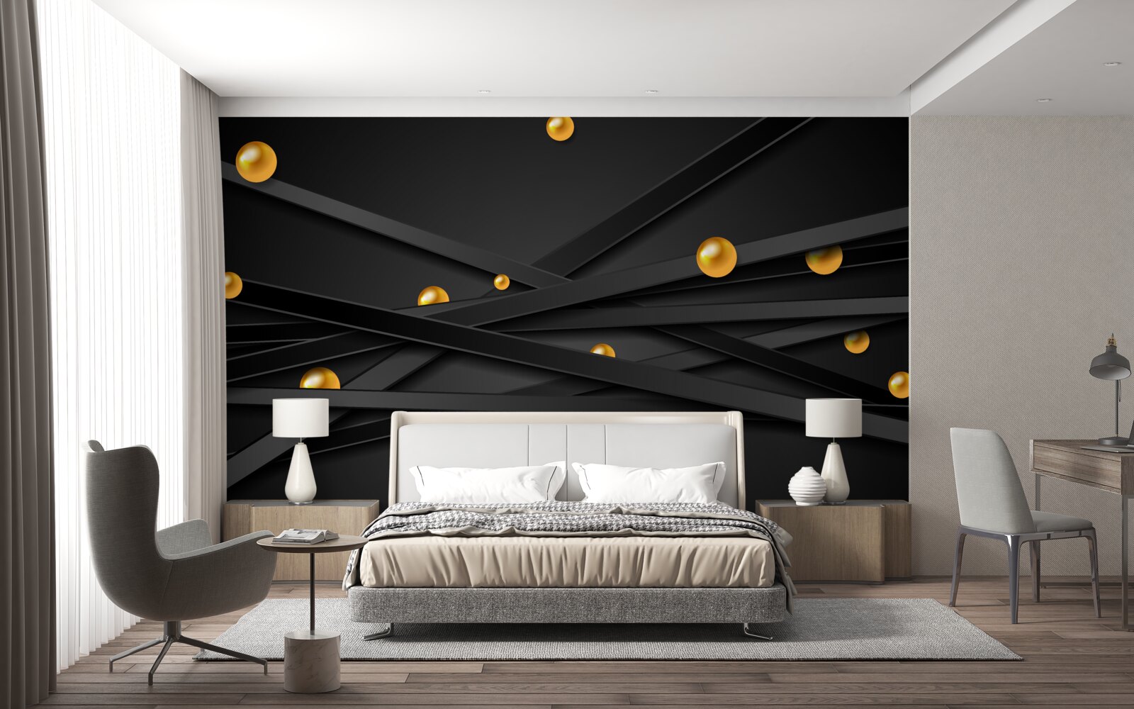Papier peint des cercles d'or sont accrochés au mur