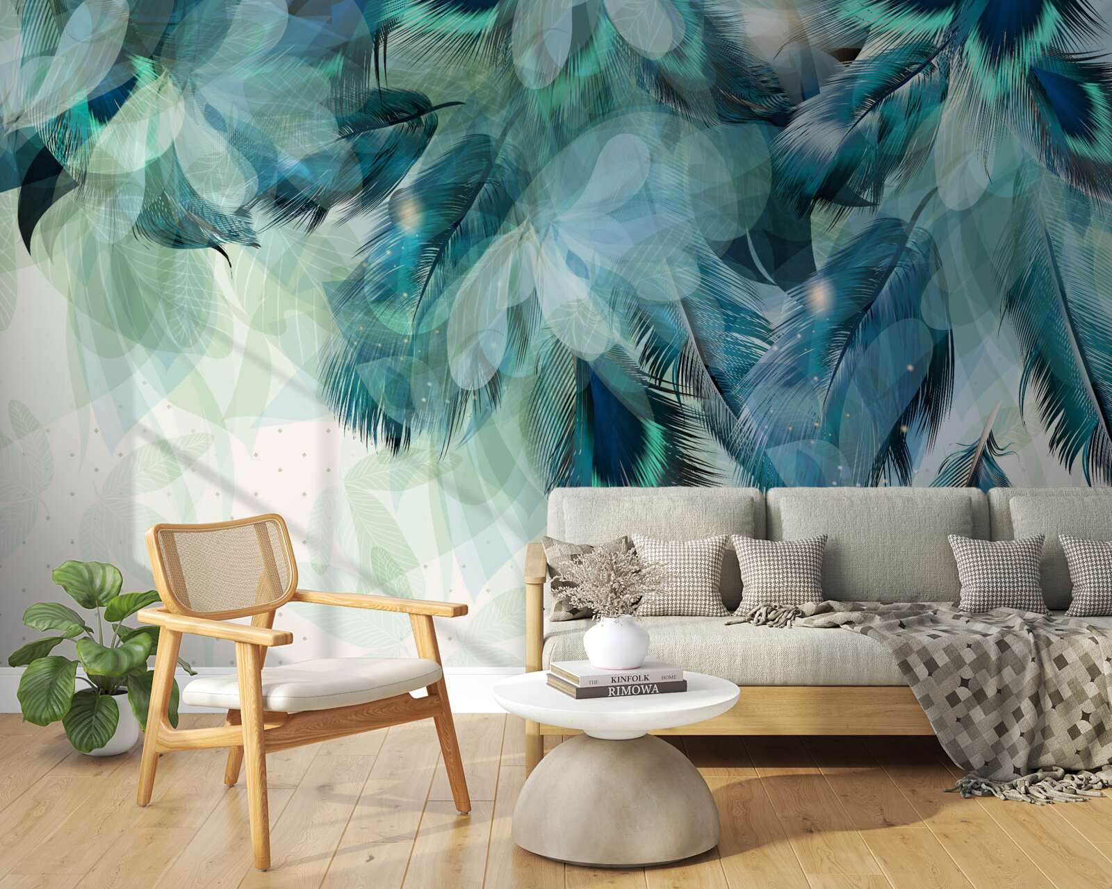 Papier peint plumes vertes