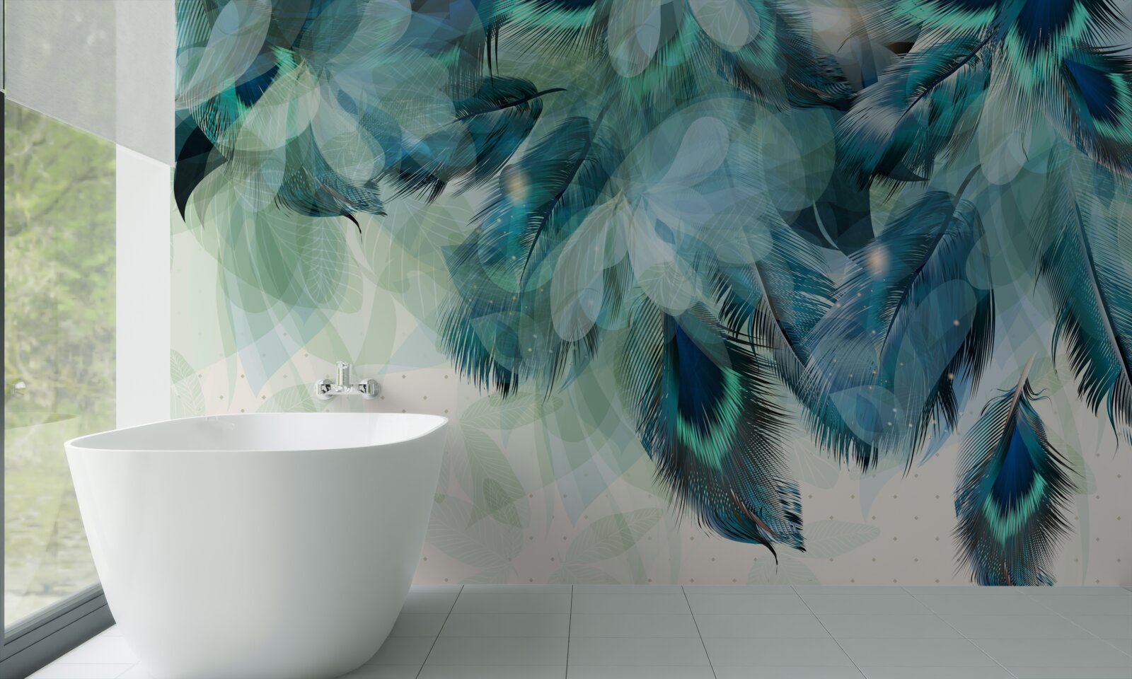 Papier peint plumes vertes
