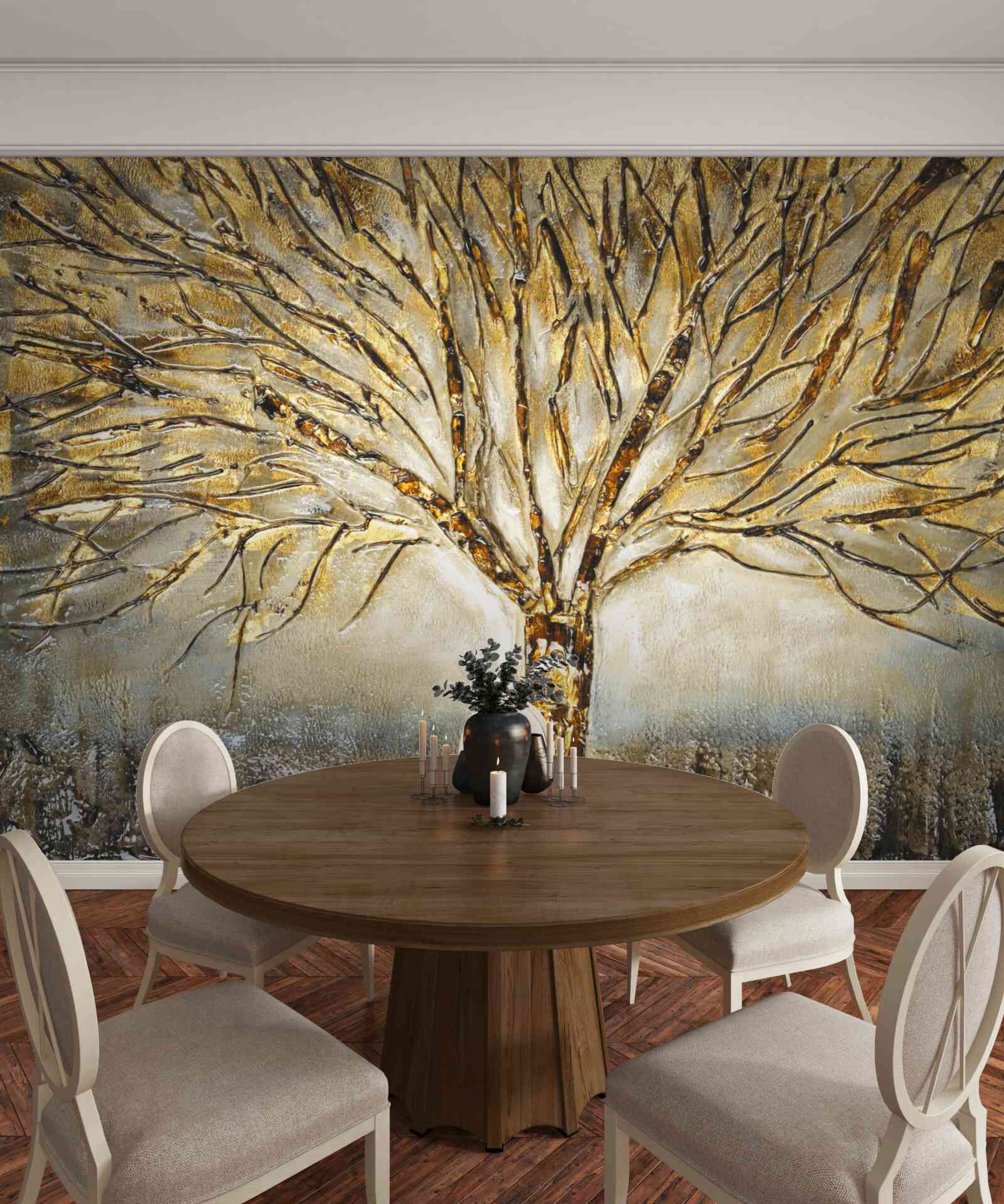 Papier peint arbre en métal doré