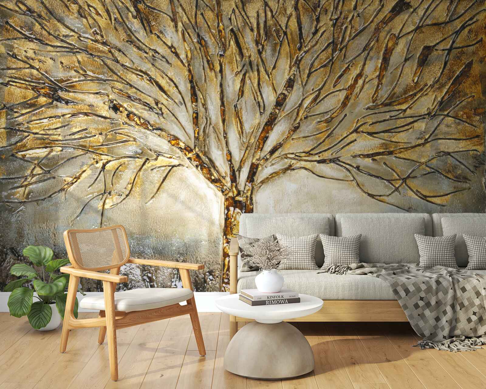 Papier peint arbre en métal doré