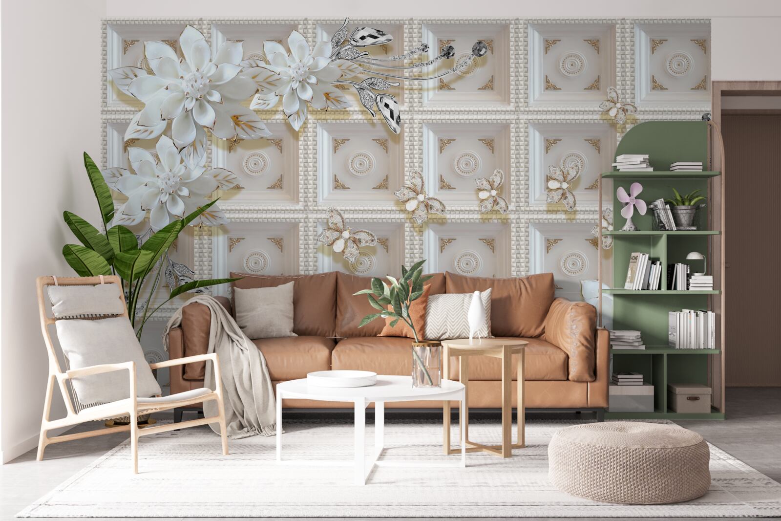 Papier peint fleurs blanches sur un mur mural