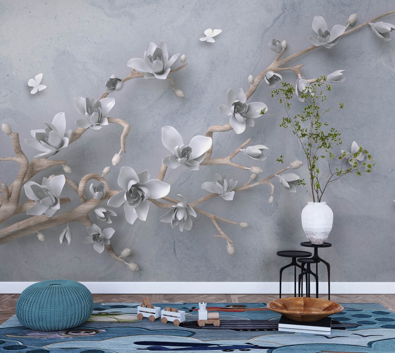 Papier peint branche décorée de bourgeons