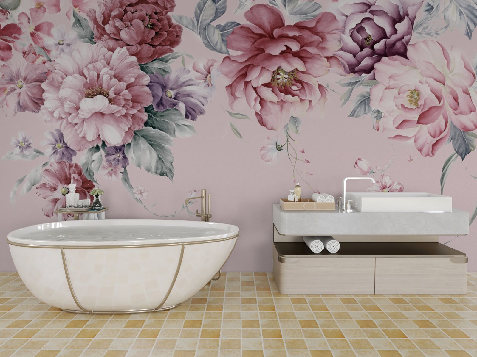 Papier peint aquarelle représentant des fleurs roses