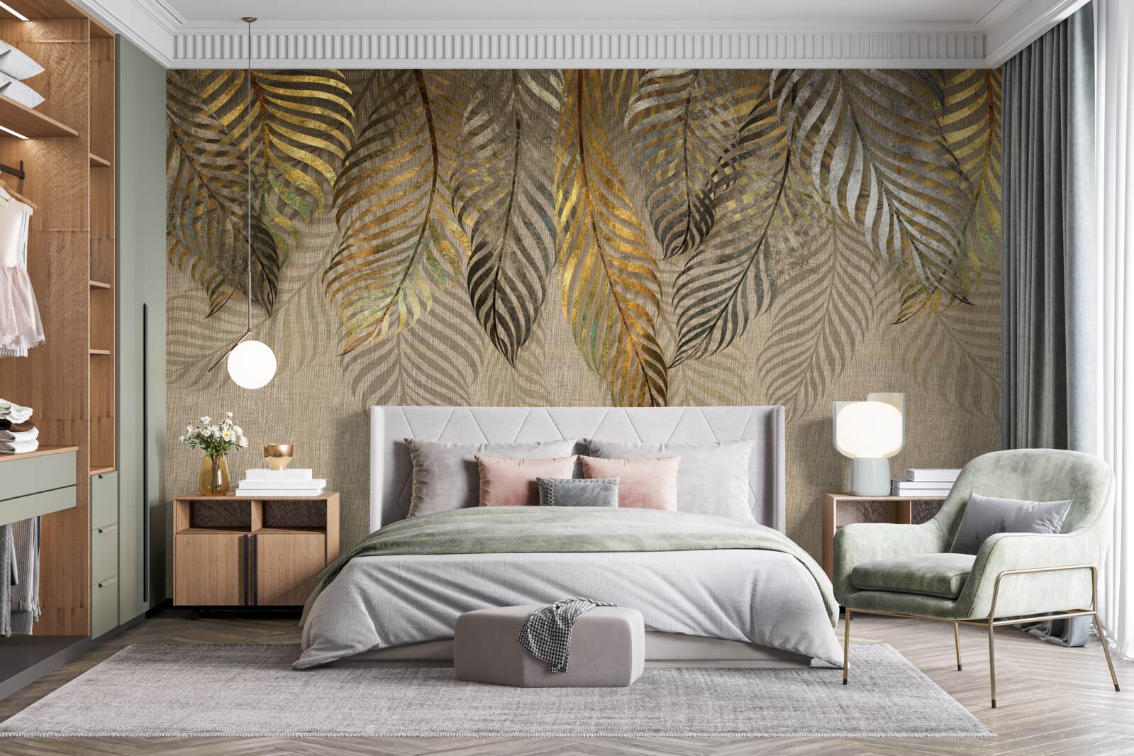 Papier peint feuilles de palmier d'or