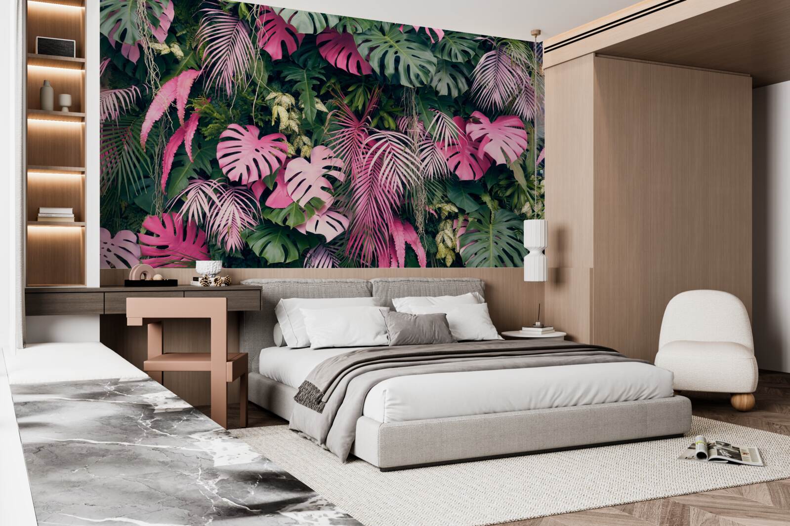 Papier peint feuilles de palmier rose