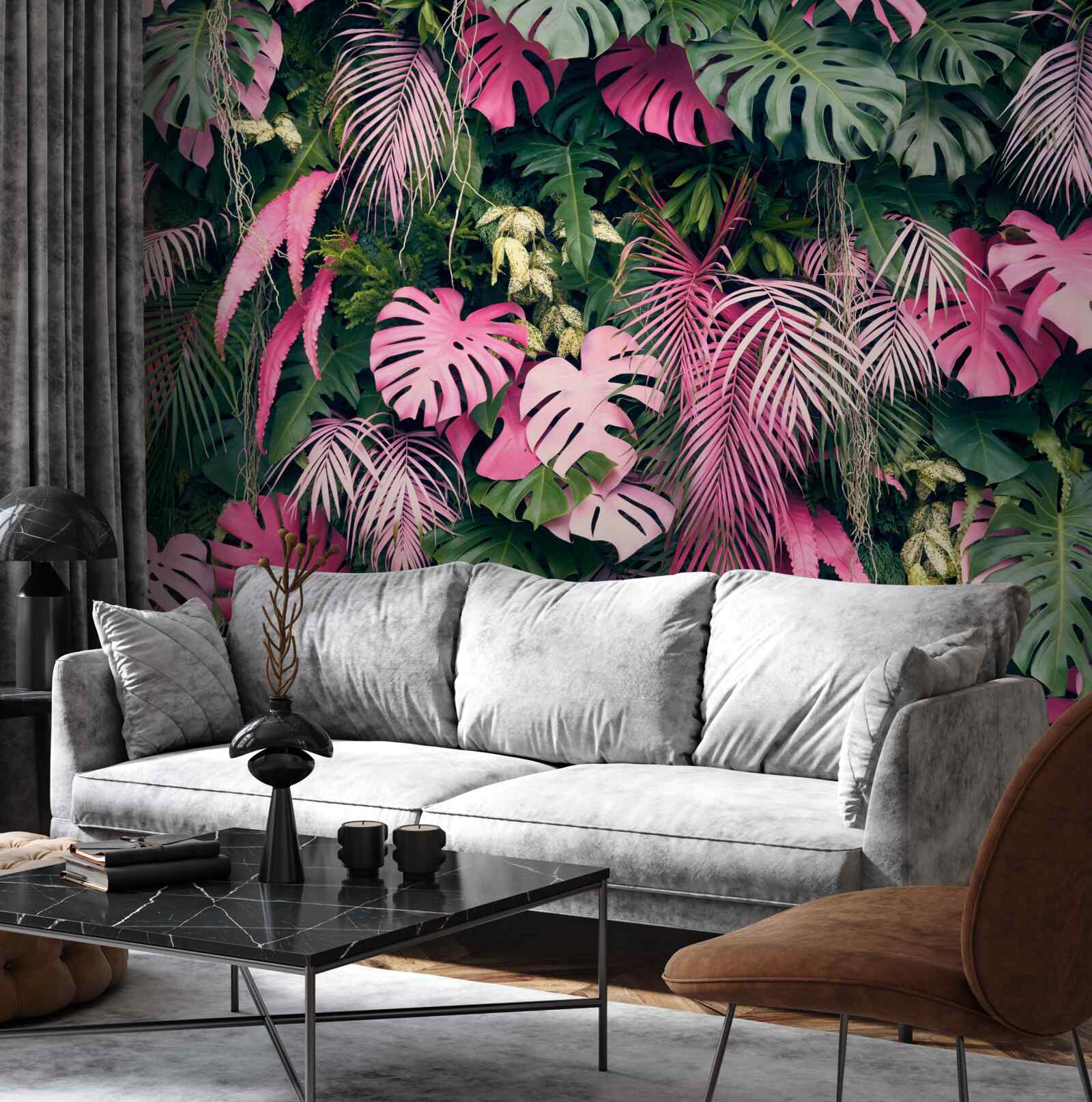 Papier peint feuilles de palmier rose