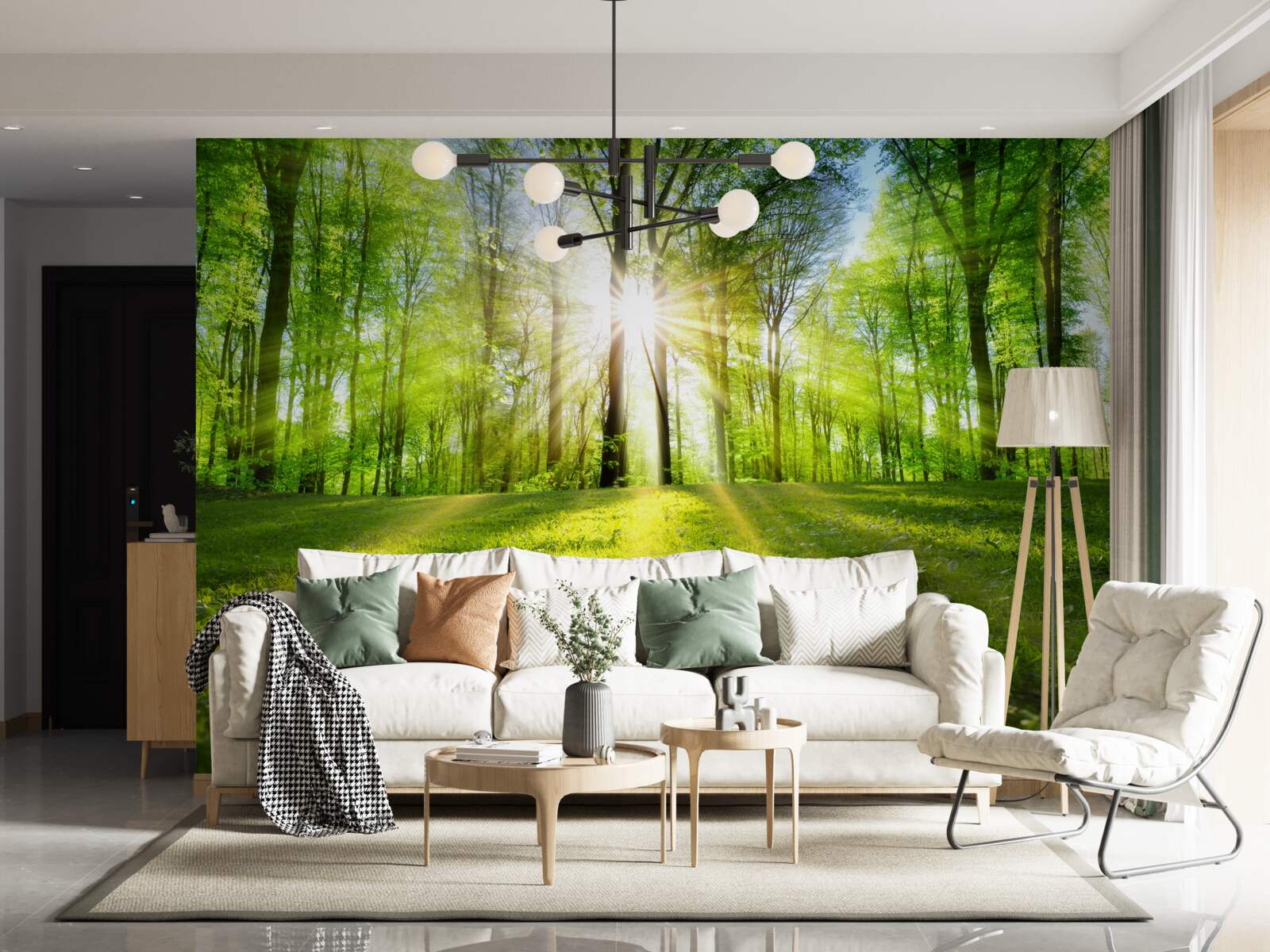 Papier peint les rayons du soleil pénètrent les arbres