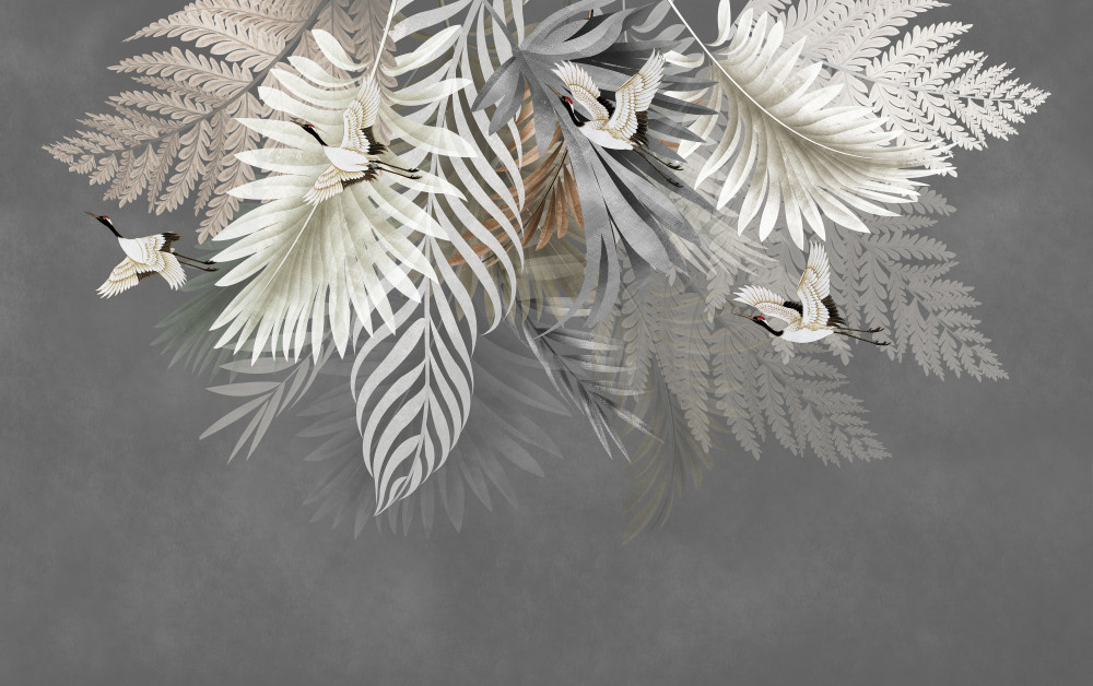 Papier peint feuilles et oiseaux