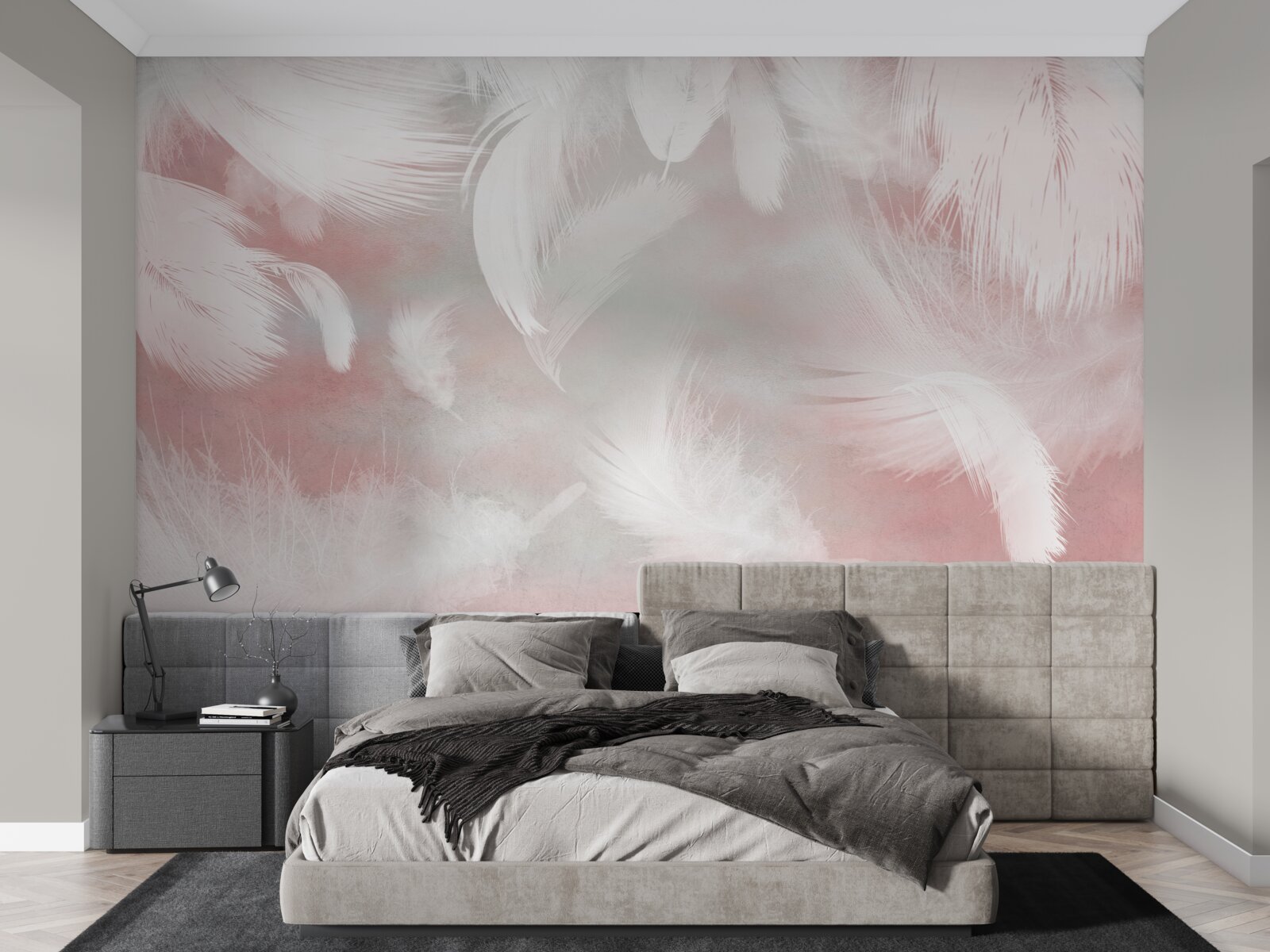 Papier peint fond rose décoré de plumes blanches