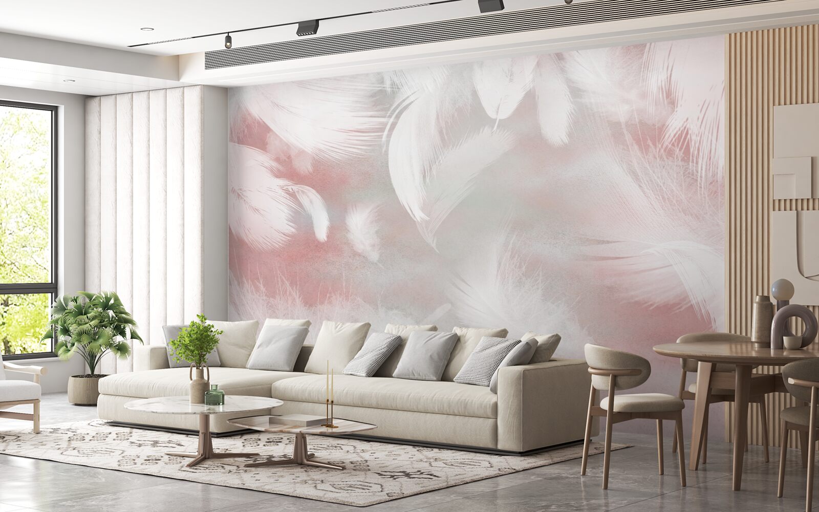Papier peint fond rose décoré de plumes blanches