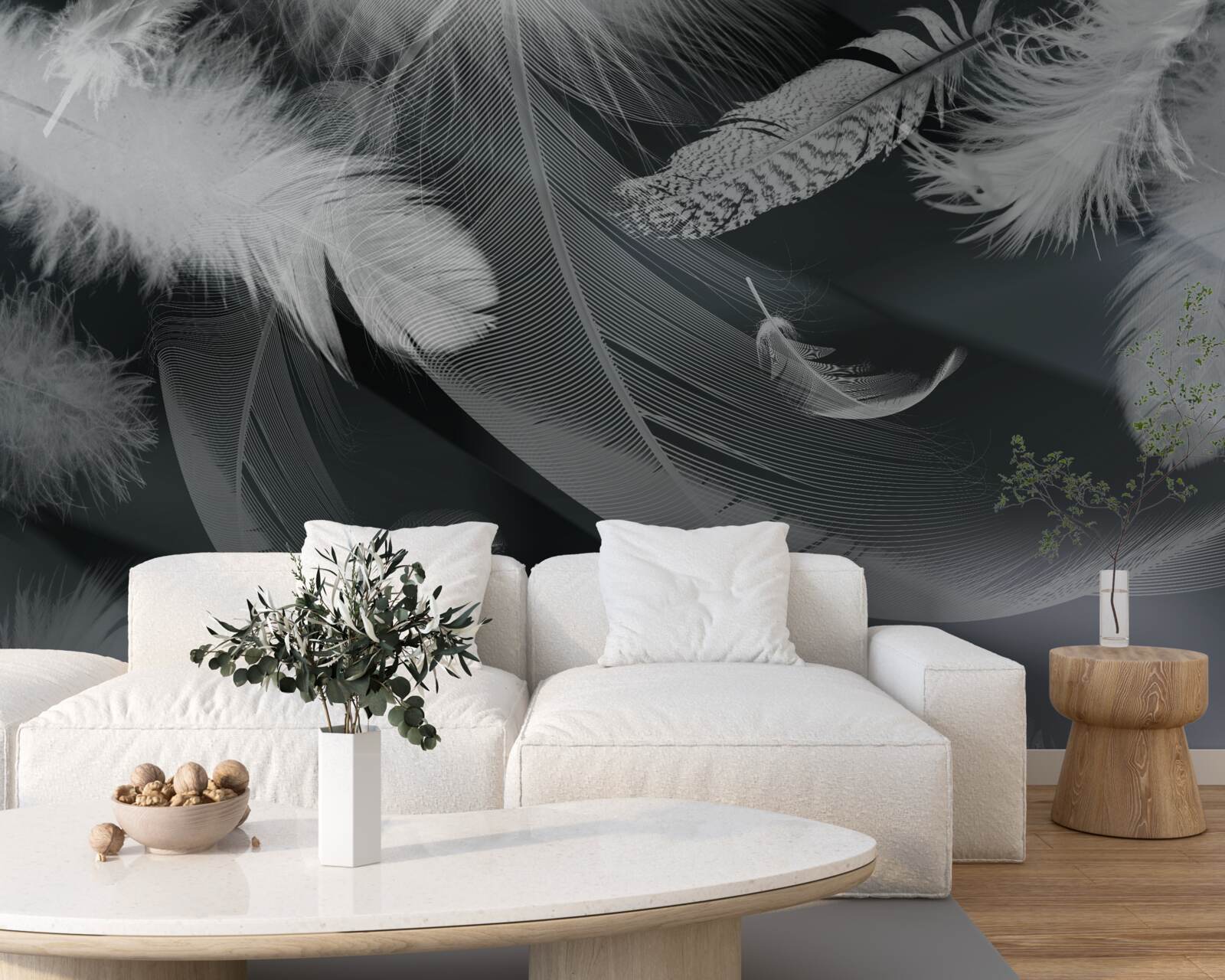 Papier peint fond sombre décoré de plumes