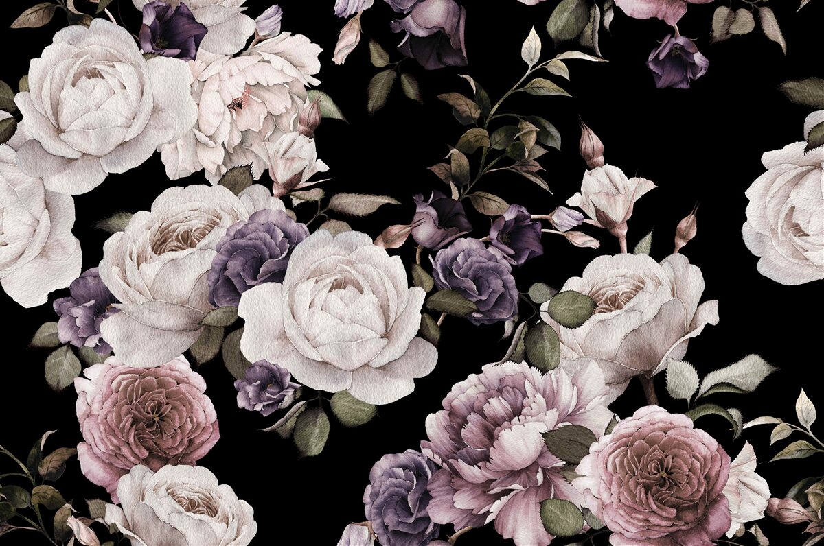 Papier peint fond sombre décoré de pivoines