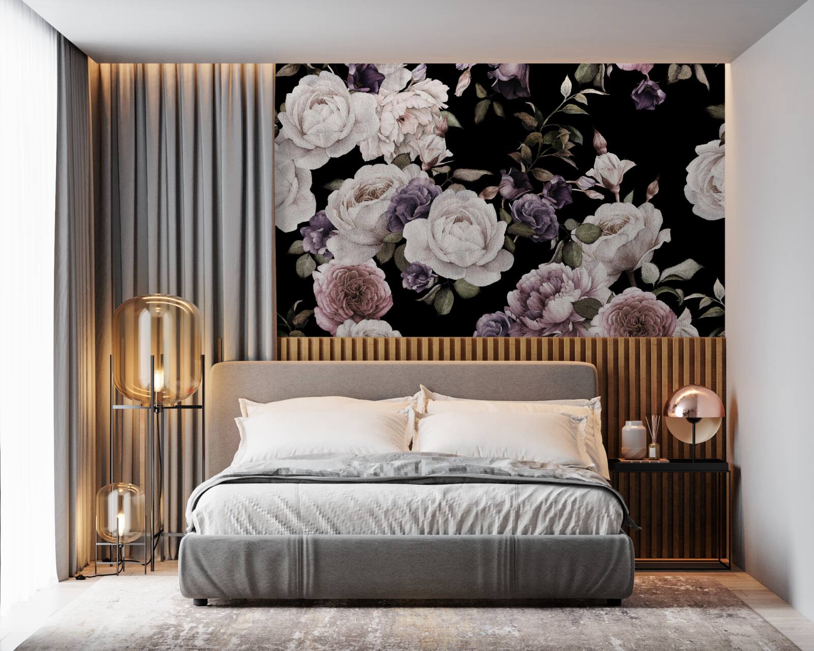 Papier peint fond sombre décoré de pivoines