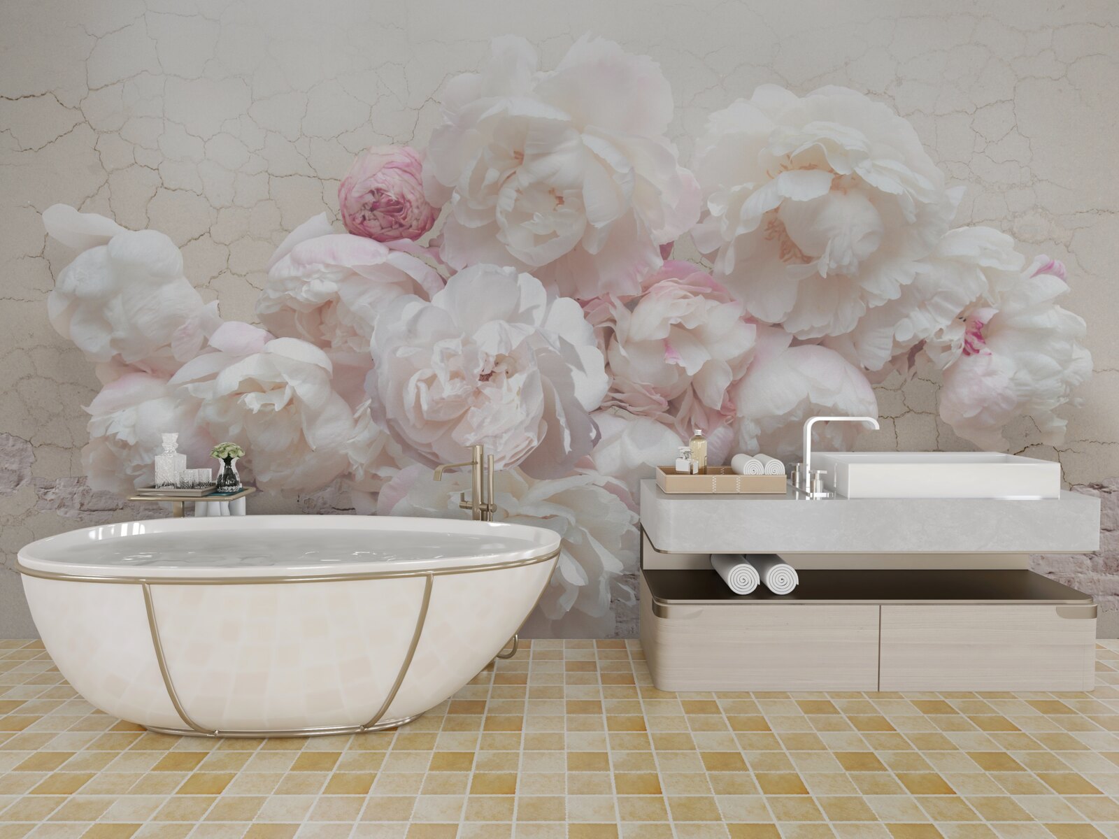 Papier peint Des pivoines blanches comme neige, caressant avec tendresse