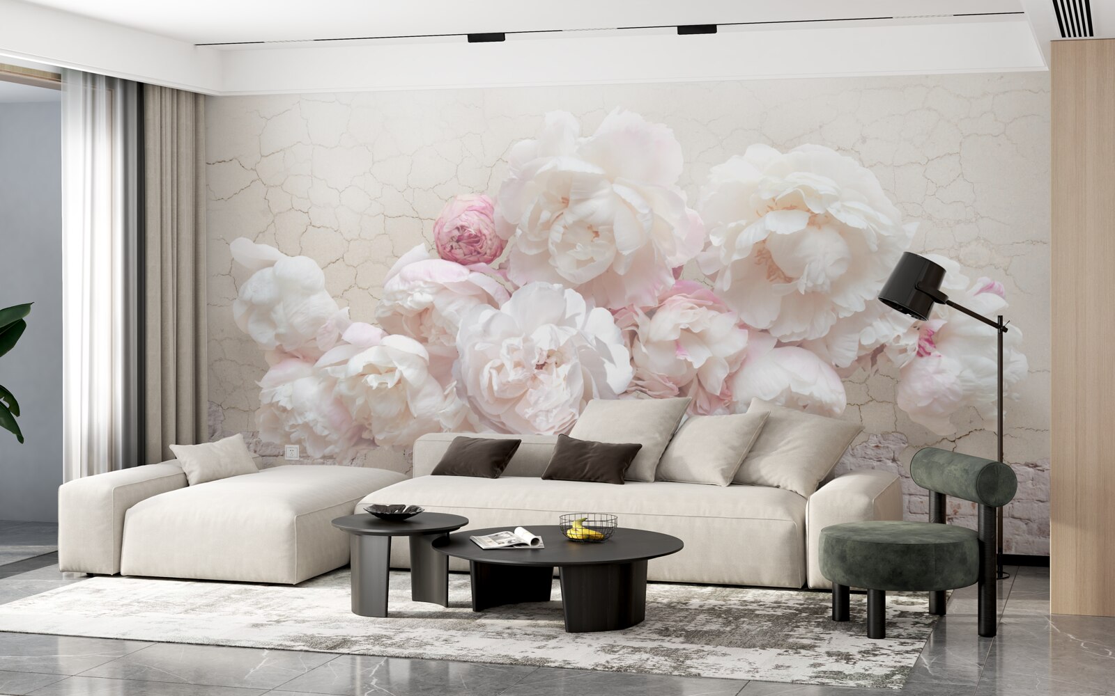 Papier peint Des pivoines blanches comme neige, caressant avec tendresse