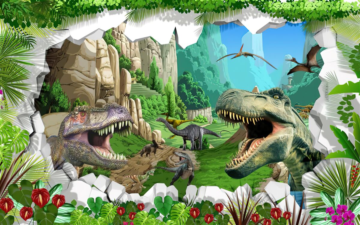 Papier peint montagnes et dinosaures