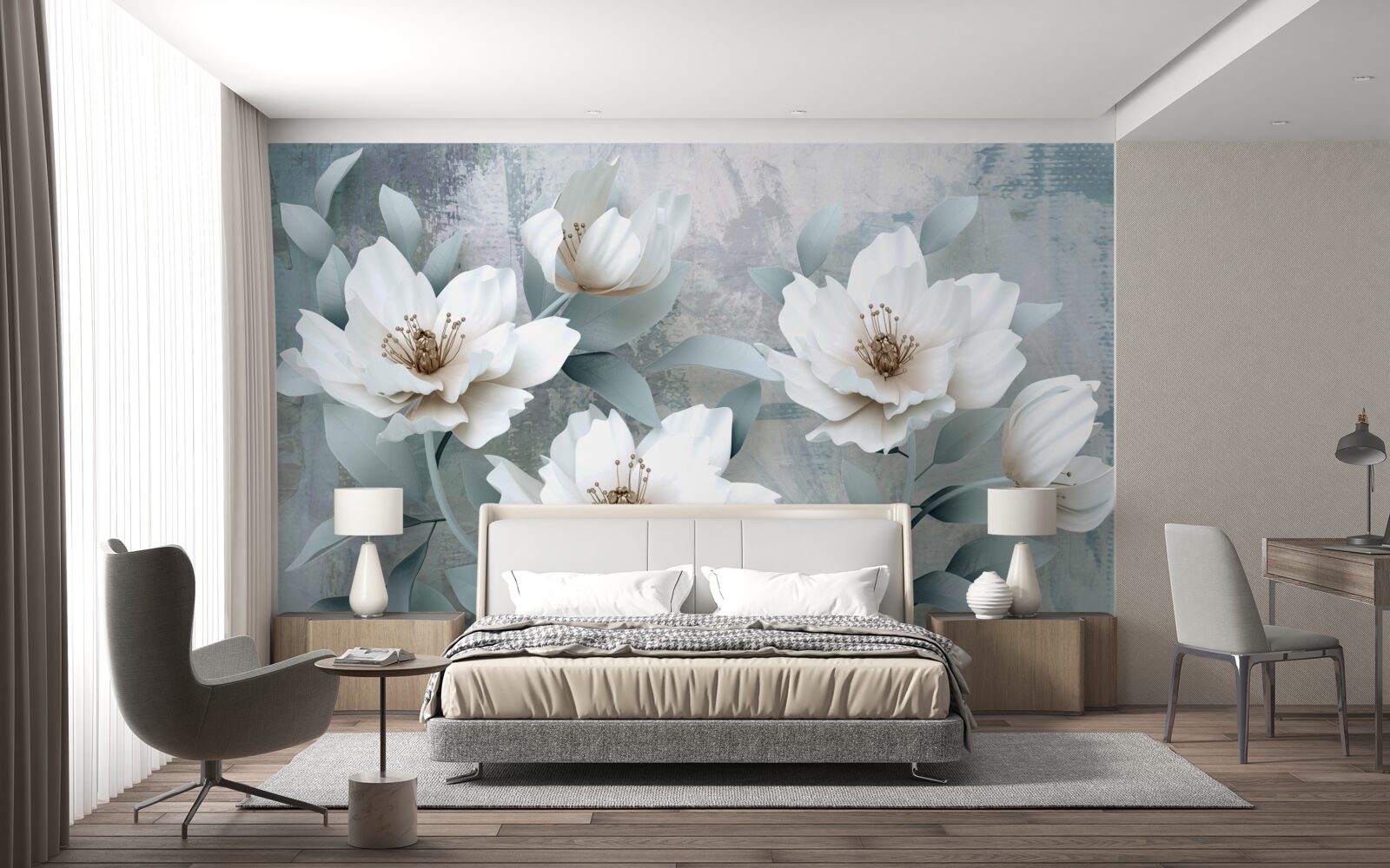Papier peint boutons de fleurs blancs comme neige