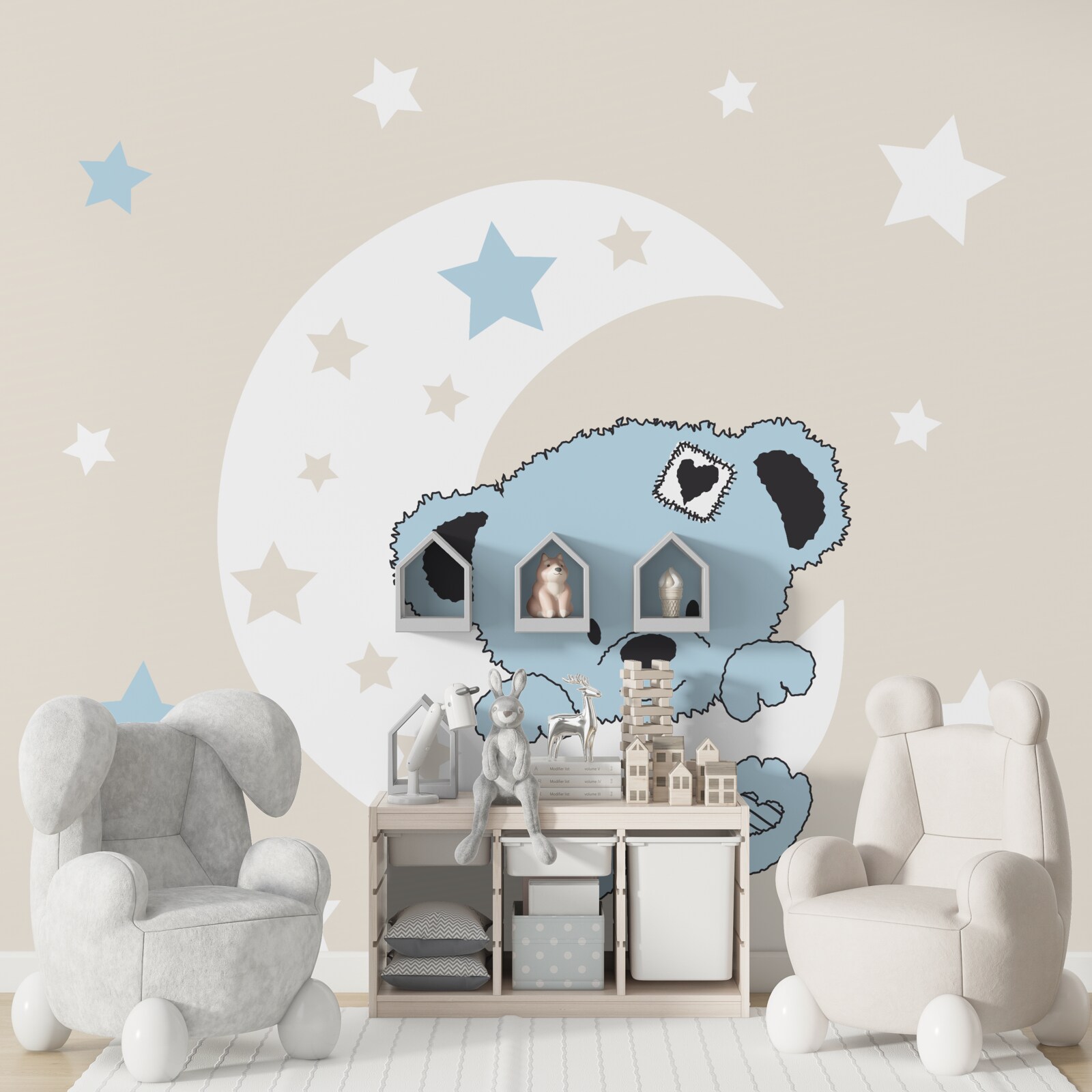 Papier peint petit ours s'accroche à la lune