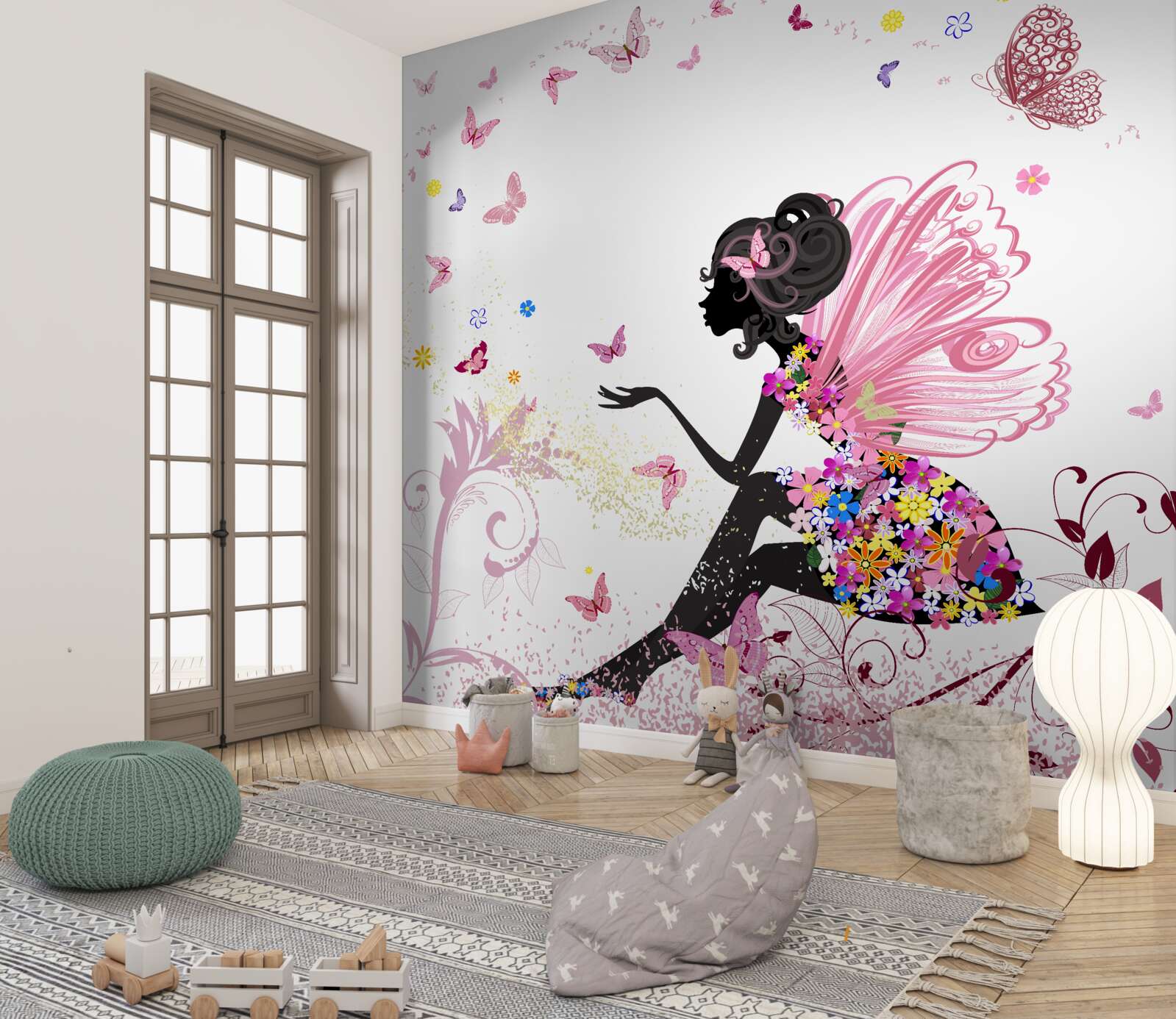 Papier peint une jeune fille observe le vol des papillons