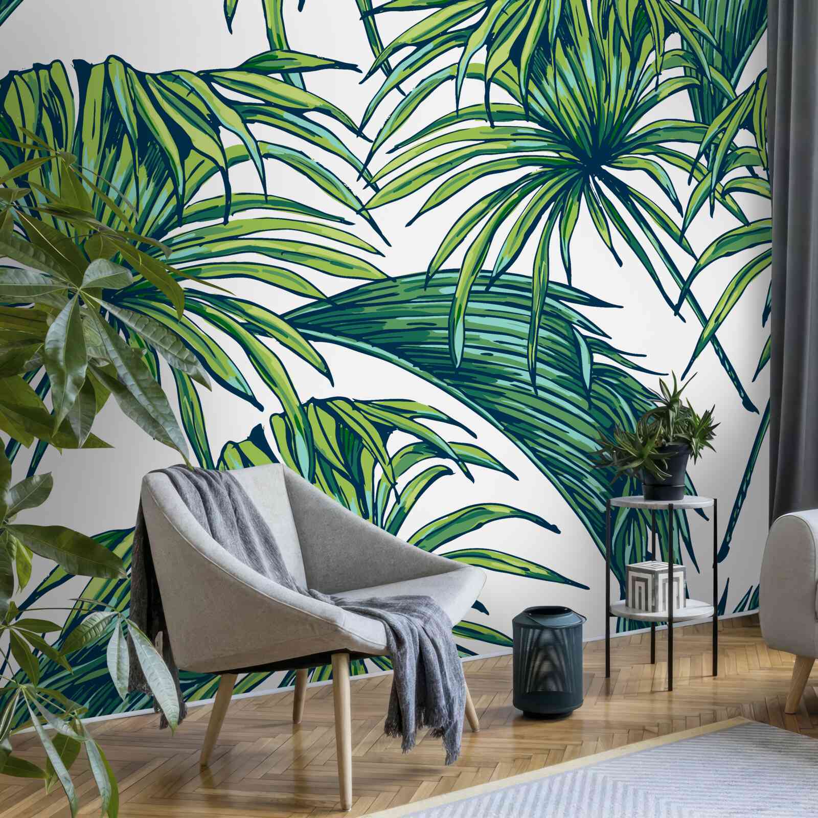 Papier peint des palmiers verts sur une surface blanche comme neige