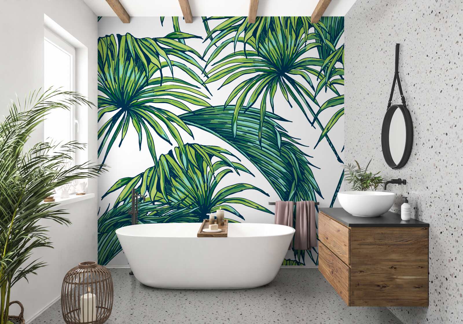 Papier peint des palmiers verts sur une surface blanche comme neige