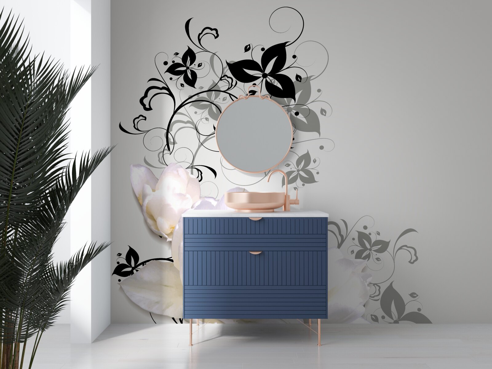 Papier peint un nénuphar aux feuilles sombres est représenté sur un fond gris