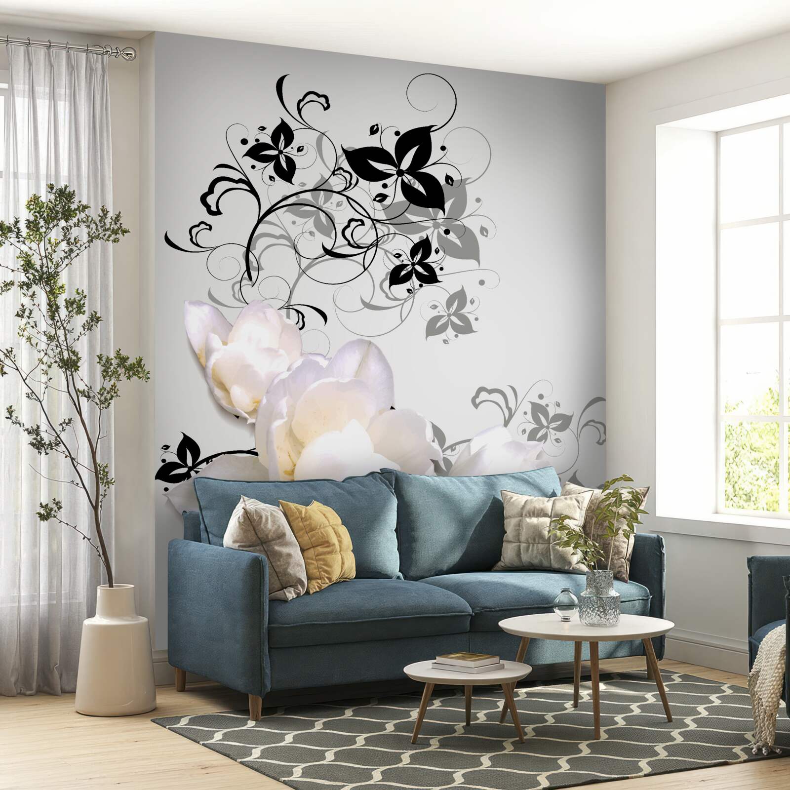 Papier peint un nénuphar aux feuilles sombres est représenté sur un fond gris