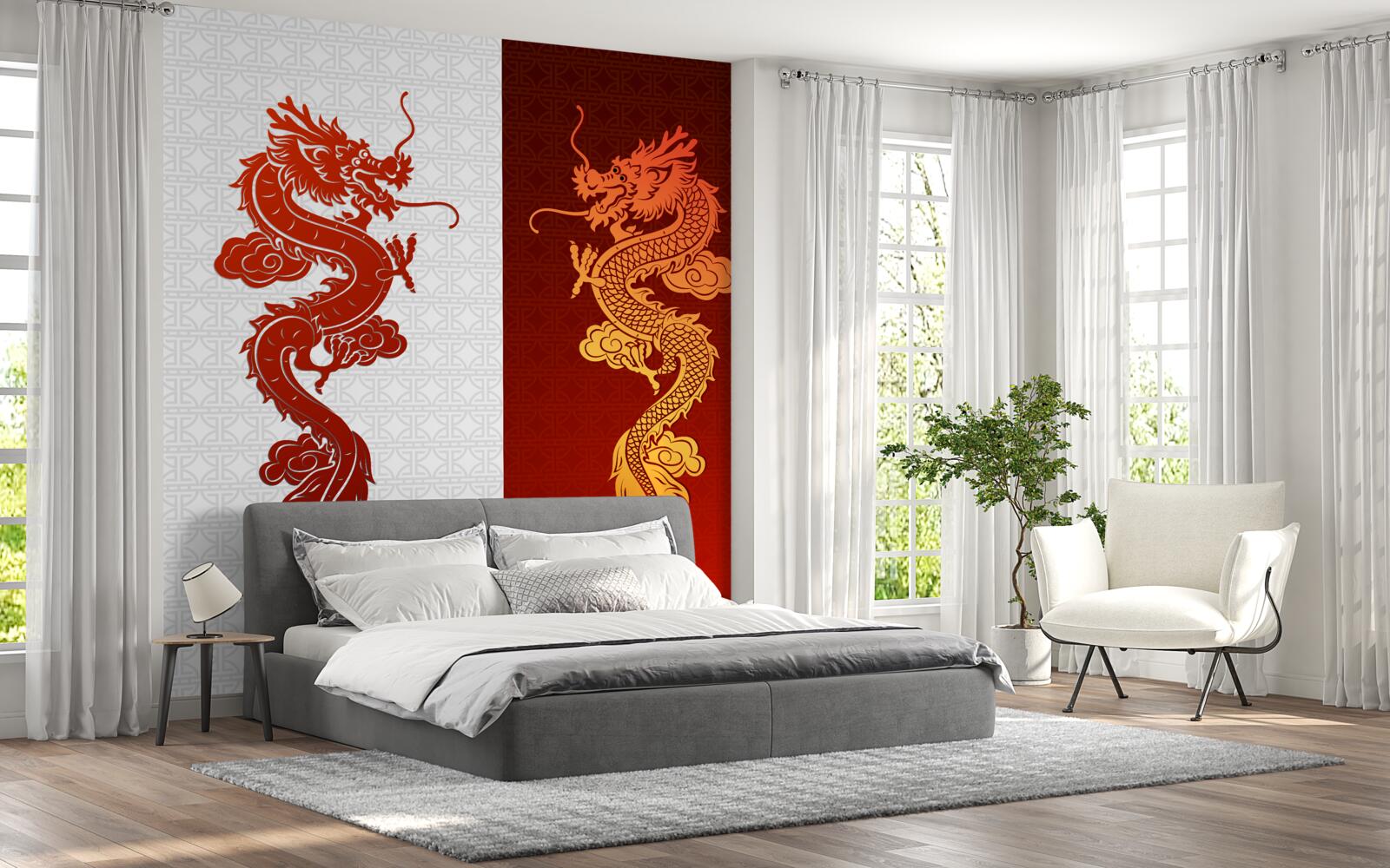 Papier peint image d'un dragon sur fond blanc et rouge